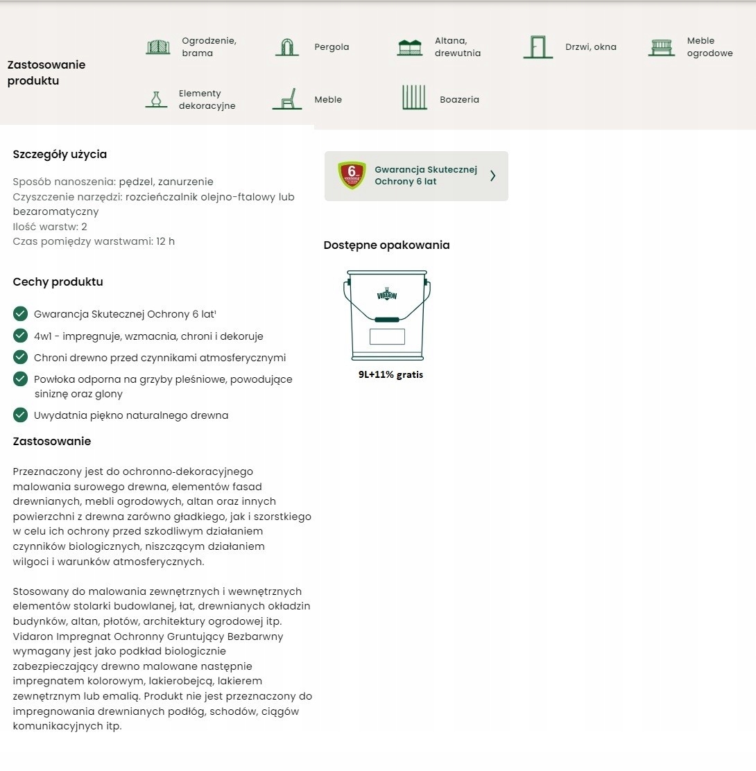 VIDARON IMPREGNAT 9L+11% GRATIS ANTRACYT SZARY Przeznaczenie do drewna