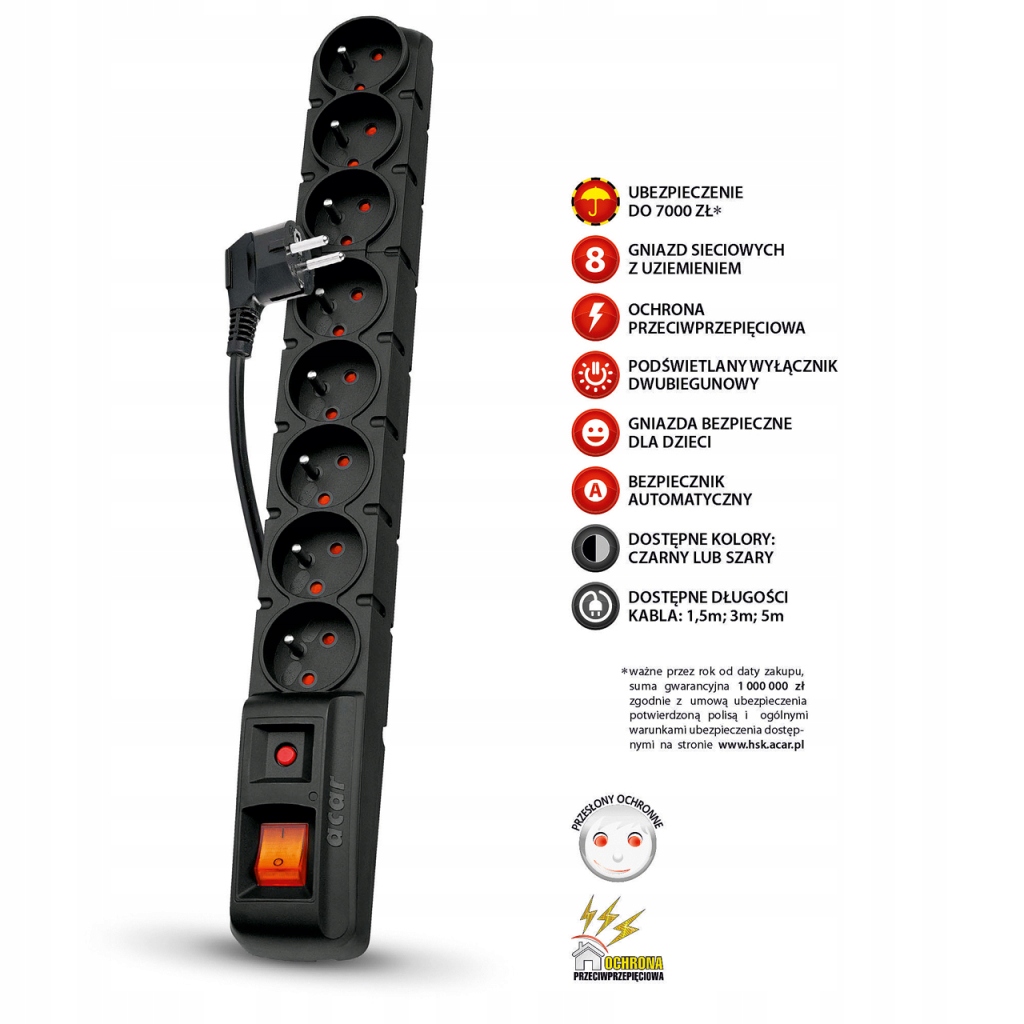 Listwa przeciwprzepięciowa Acar S8 5m 8 gniazd W0149 czarny