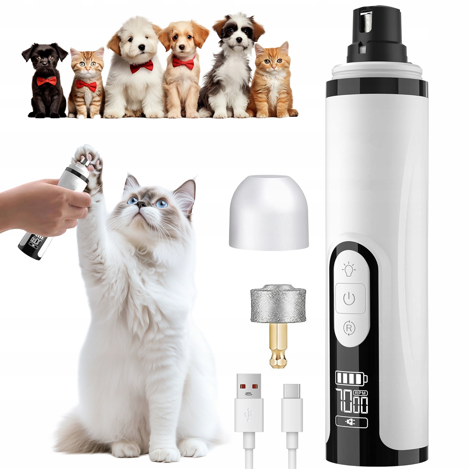 Levně Tichý Elektrický Pilník Grinder na drápky pro psy a kočky 2 Led 3 rychlosti