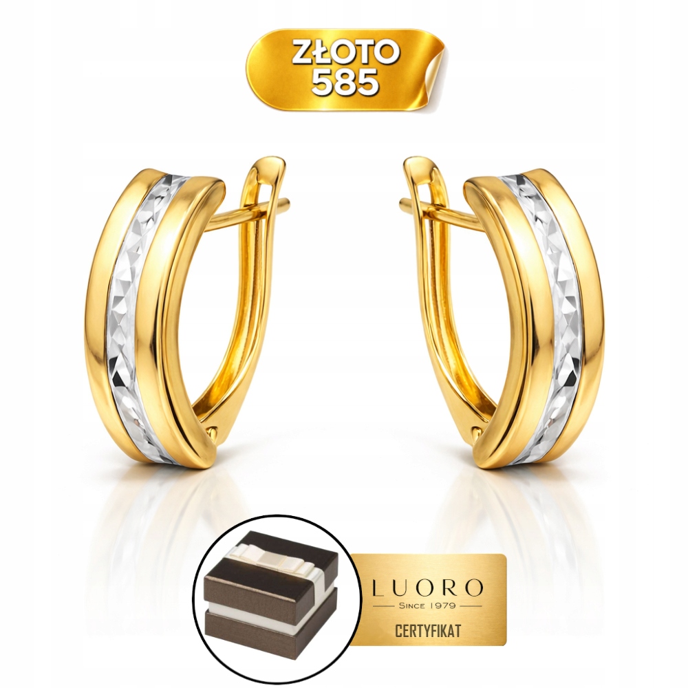 Náušnice Zlaté 585 14K Diamantové Uprostřed Dvě Barvy 1,5 CM Dárek