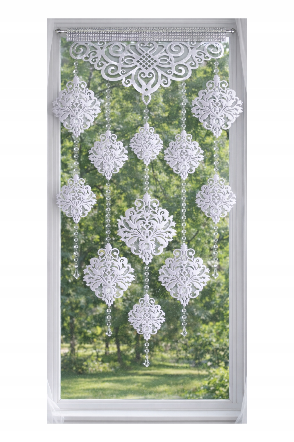 Firana nowoczesna Ekran ażur Girlanda z kryształkami Glamur Z16 biała
