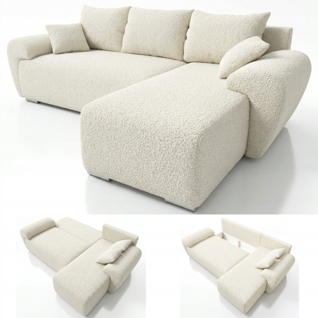 Rohová Sedací Souprava s funkcí spaní Nesto Pravá Boucle Bílá Rohová Sedačka rozkládací