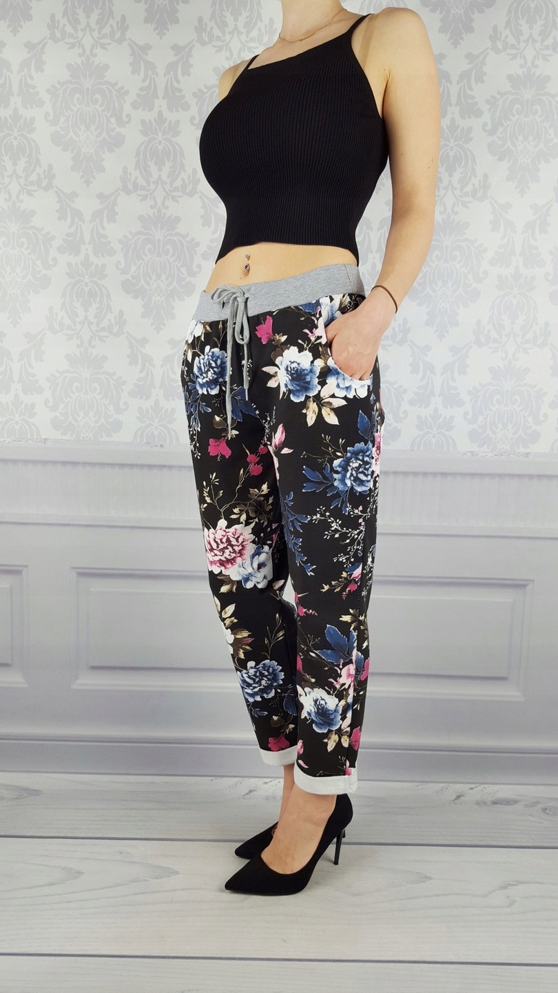 WYGODNE - SPODNIE - DRESOWE - KWIATY - Plus - Size Wzór dominujący inny wzór