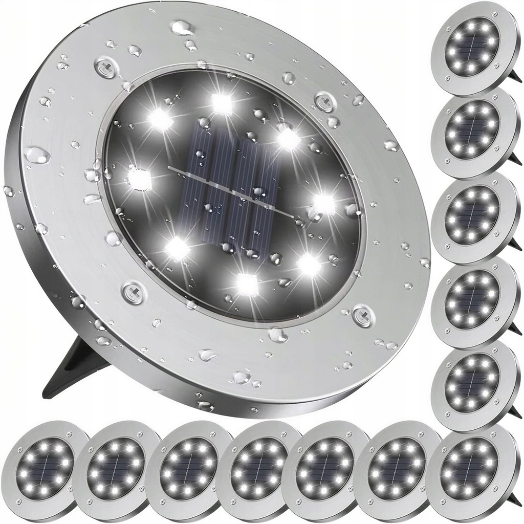 12x Lampa Solarna Wbijana Ogrodowa Najazdowa Led Gruntowa Srebrna Zestaw