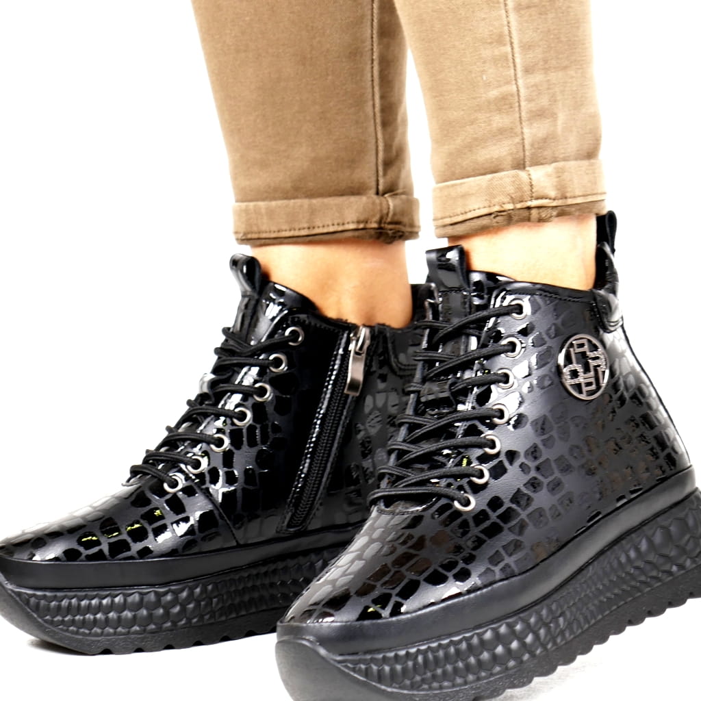 Černé Laky Kotníkové Boty Boty Podzim Zima Stylové Lehké Bestseller Viz Hot