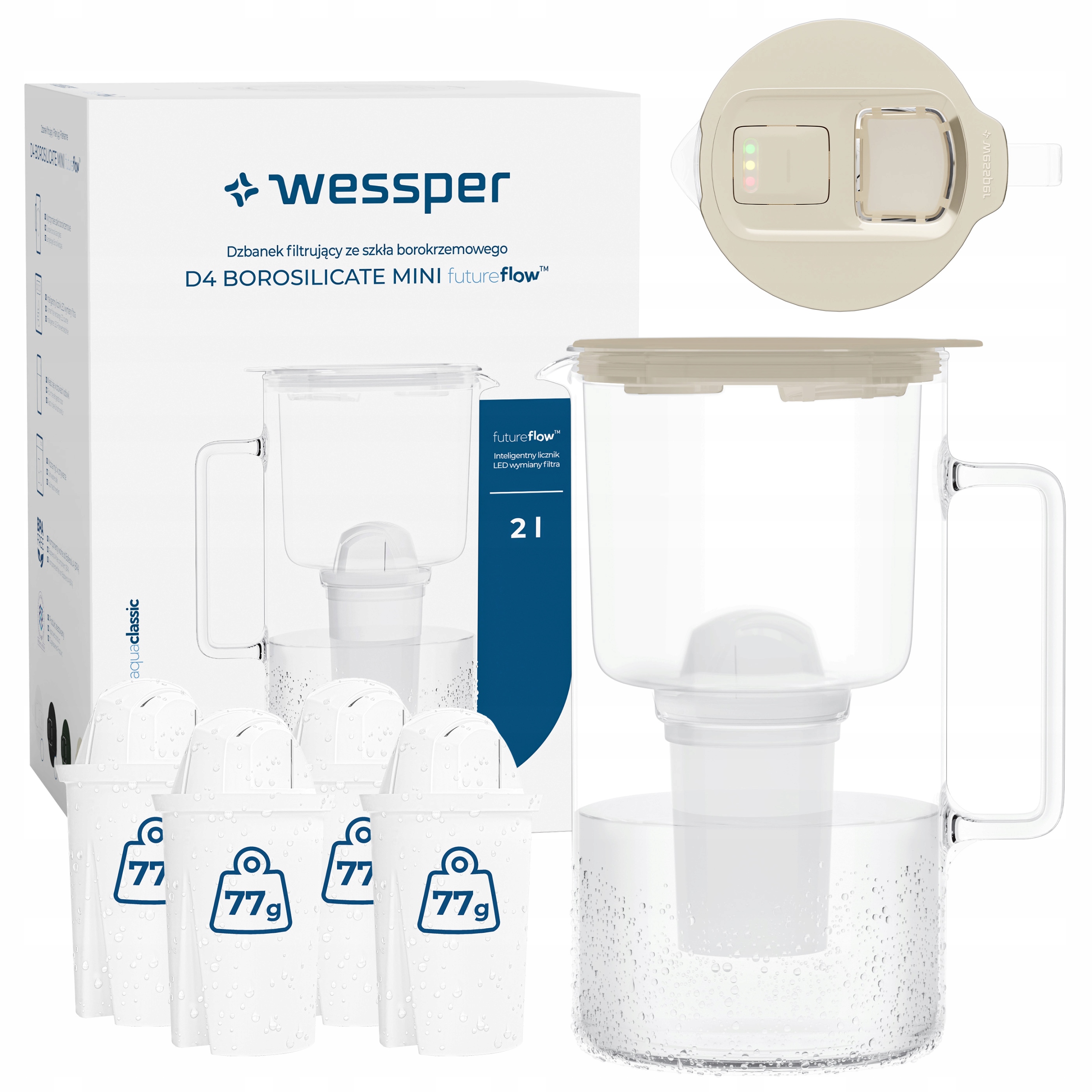 Szklany dzbanek filtrujący Wessper D4 Borosilicate Mini 2l 5x filtr