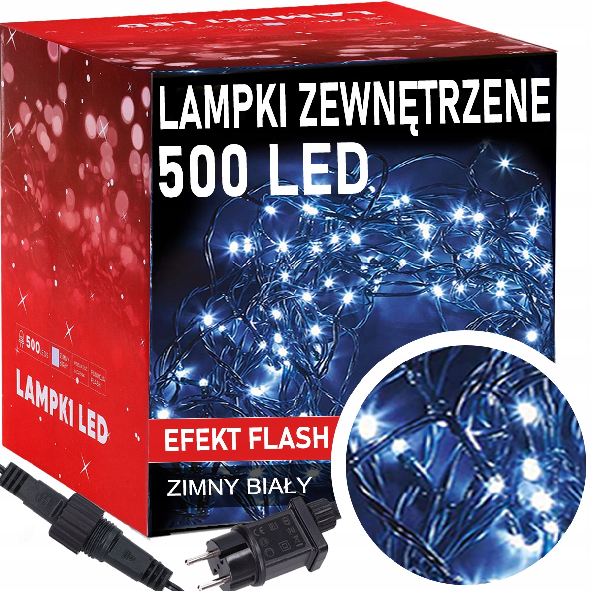 LAMPKI LED NA ZEWNĄTRZ CHOINKOWE ZASILACZ WODOODPORNE 500 LED + FLASH BIAŁE