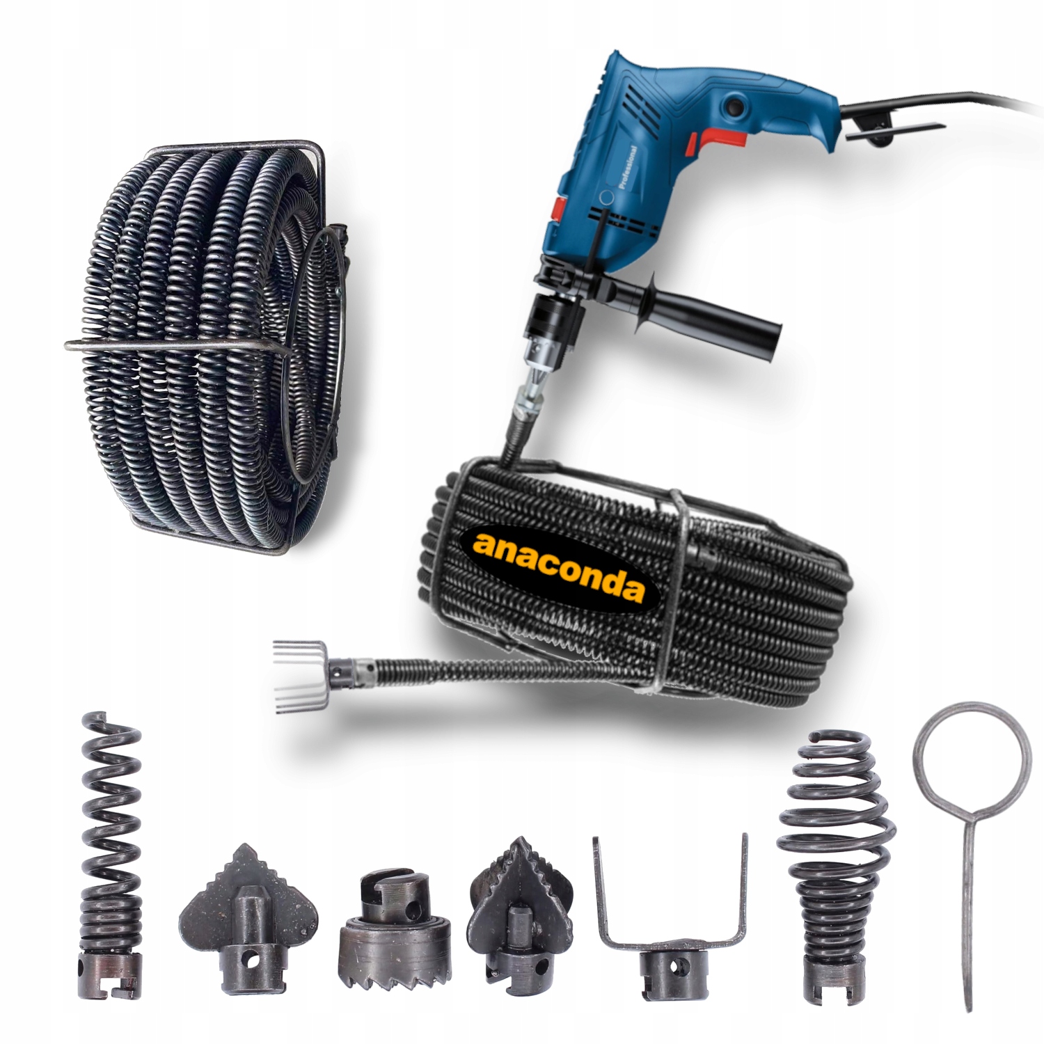 PRZEPYCHACZ SPIRALA ŻMIJKA ELEKTRYCZNA DO RUR 70-220mm NA WIERTARKĘ 10m