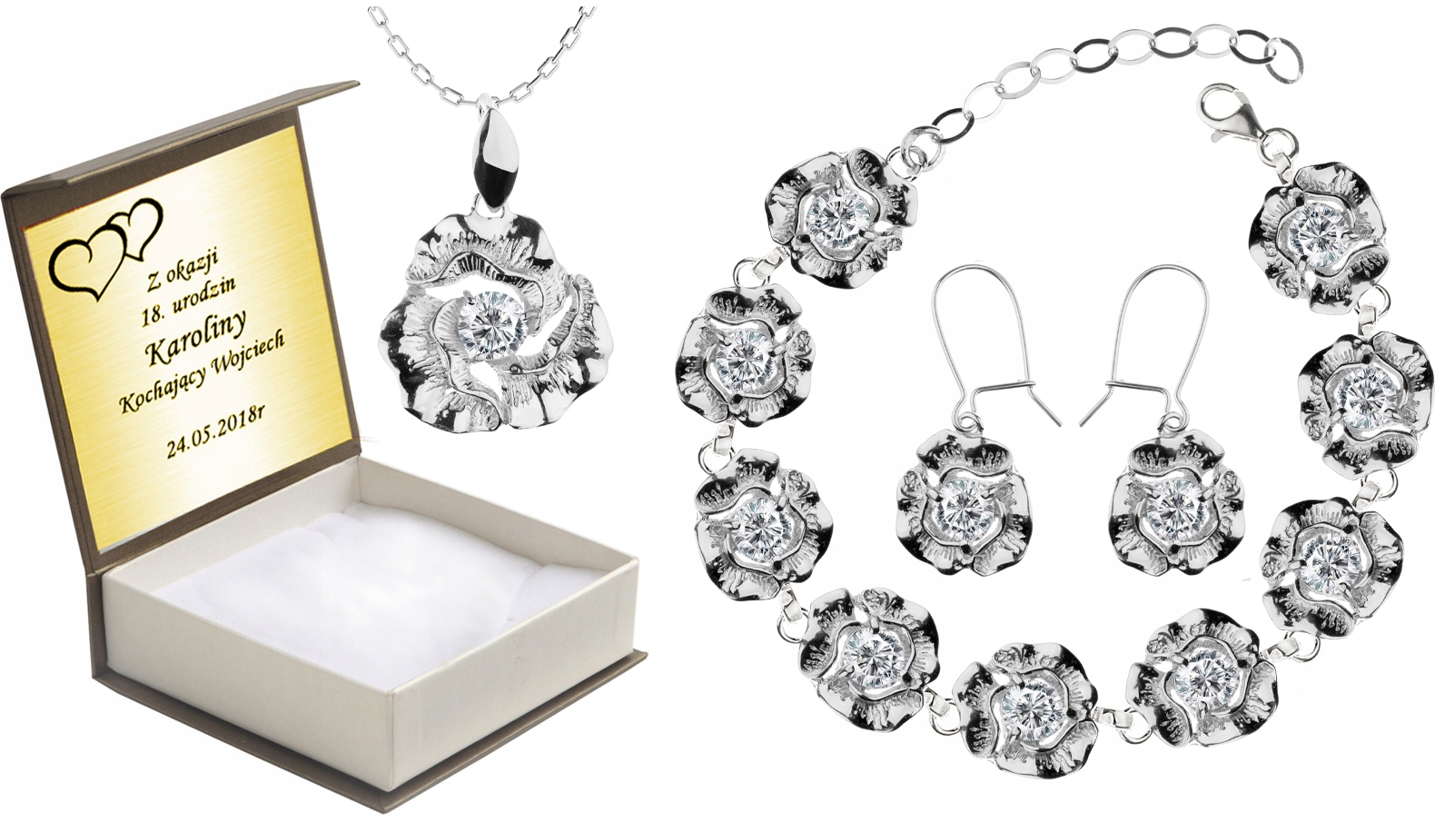 

Komplet Srebrnej Biżuterii Kwiatki Z Cyrkoniami