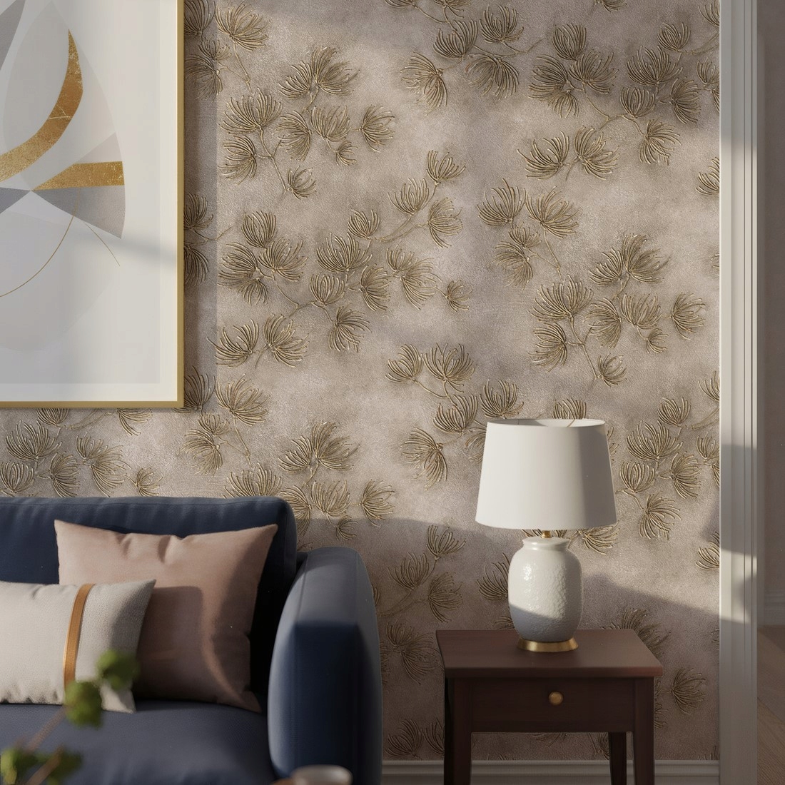 Tapeta Do Obývacího Pokoje Vzor Rostlin Béžová Hnědá Tapeta