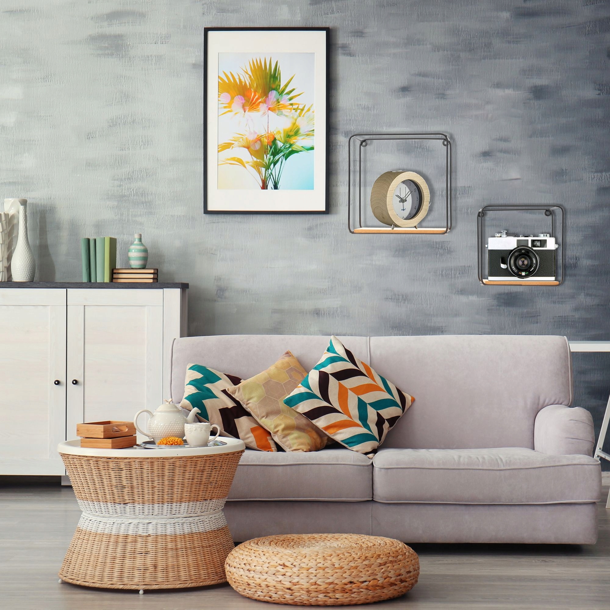 PÓŁKA ŚCIENNA WISZĄCA DO SALONU METALOWA KOMPLET Głębokość mebla 10 cm