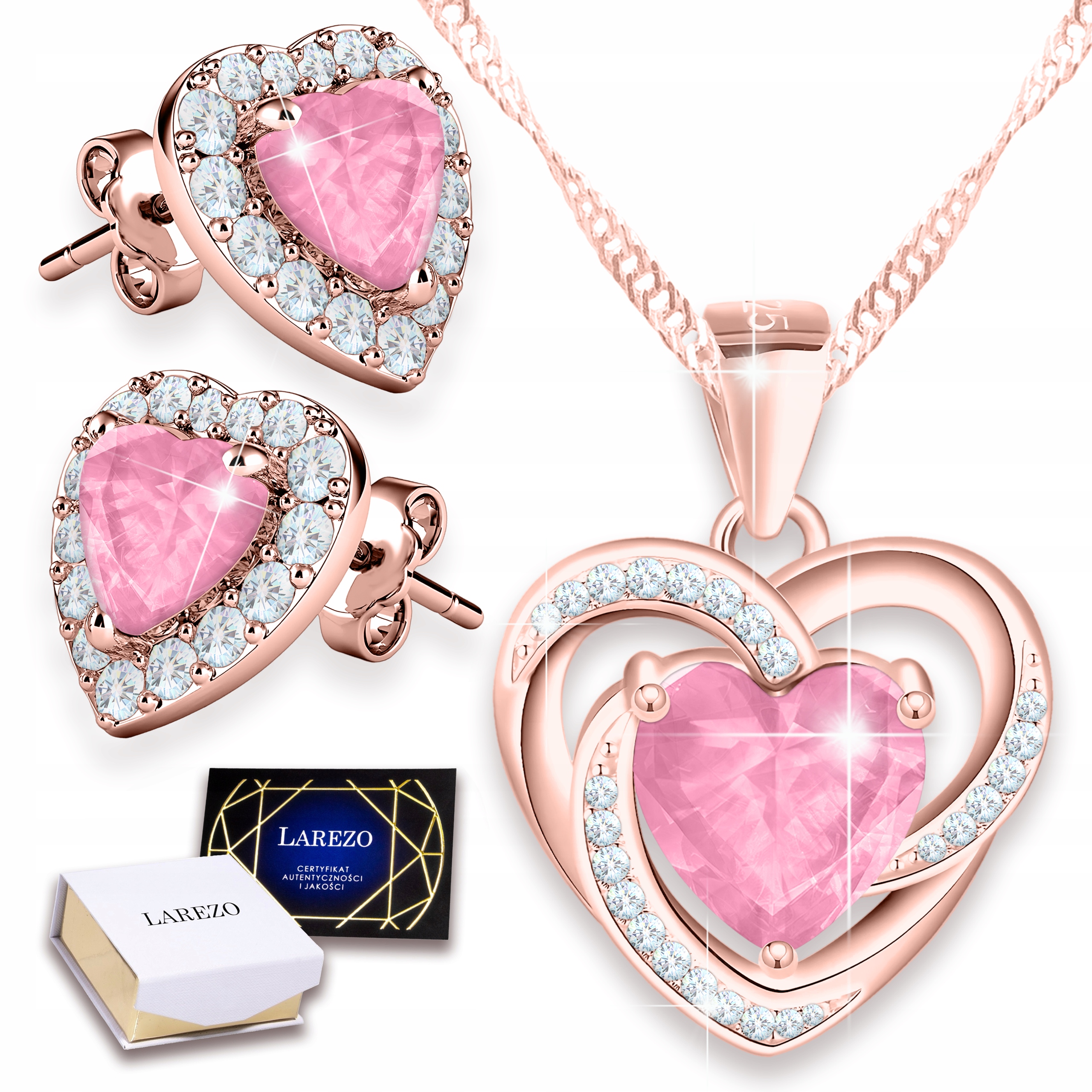 Sada šperků Pozlacený náhrdelník a Náušnice Růžové srdce Srdíčka