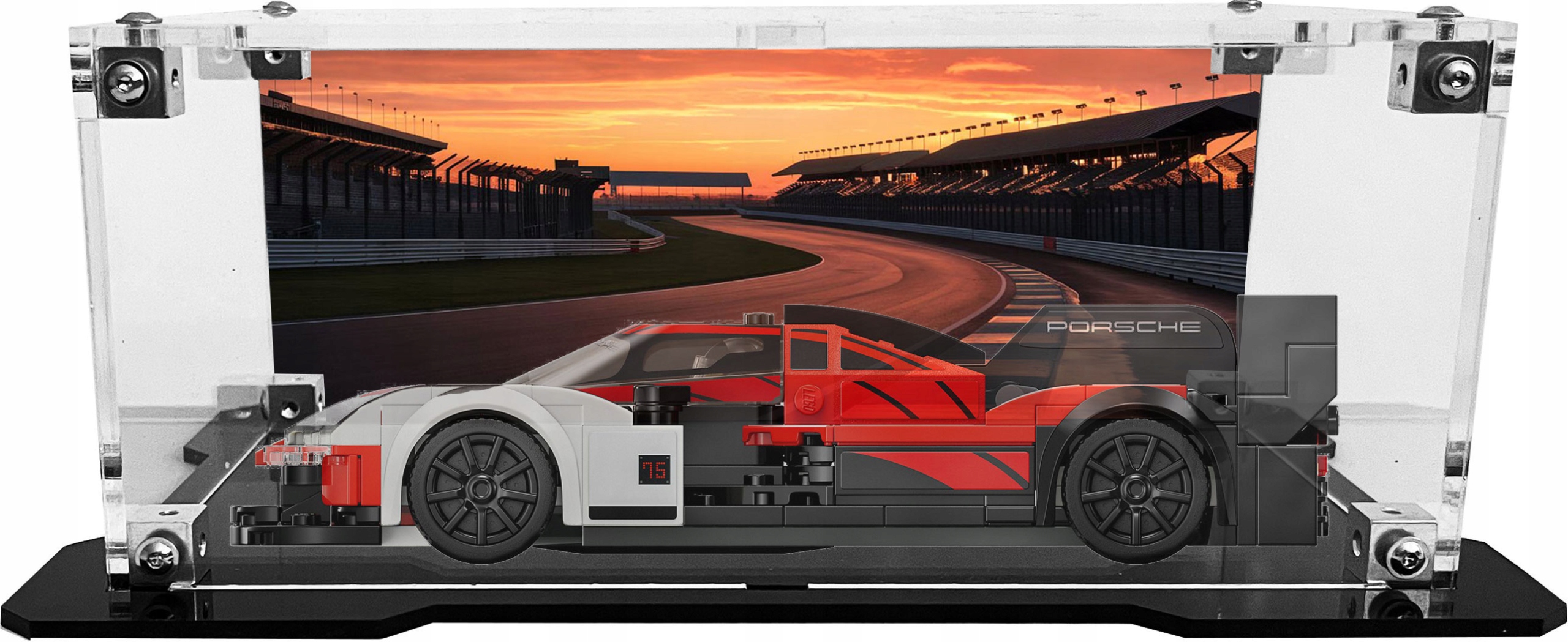 Vitrína s černou základnou a pozadím pro sadu Lego 76916 – Porsche 963