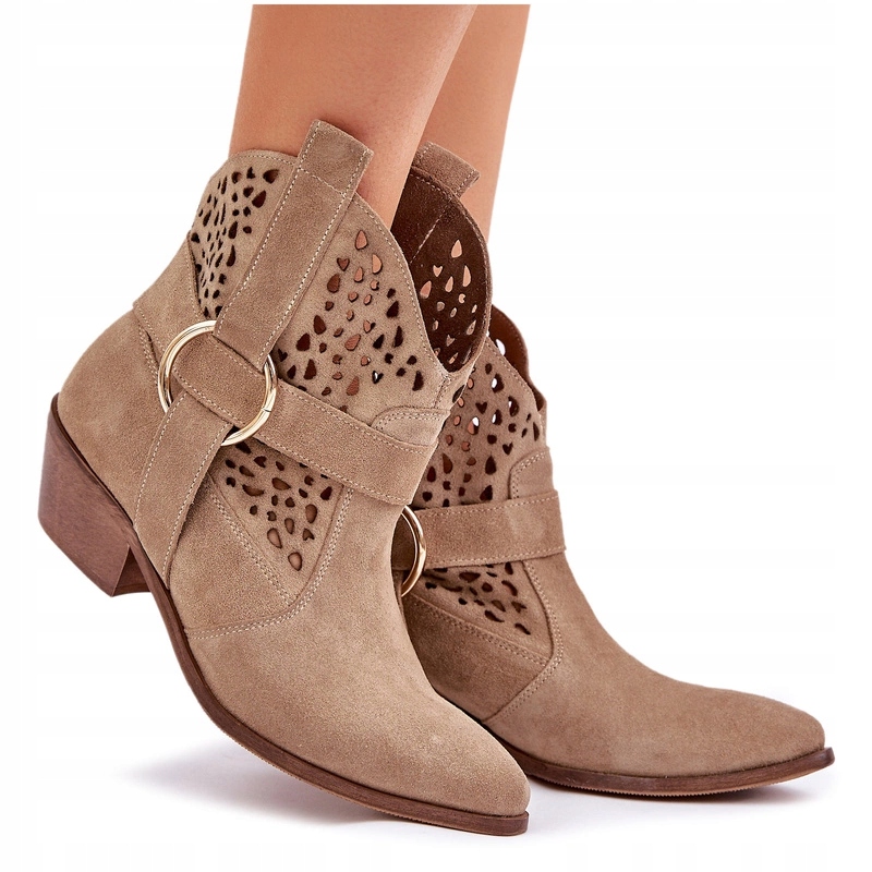 Kotníkové Boty Kovbojské Boty Semišové Na Podpatku Ažurové Zazoo 2994 Béžové 36