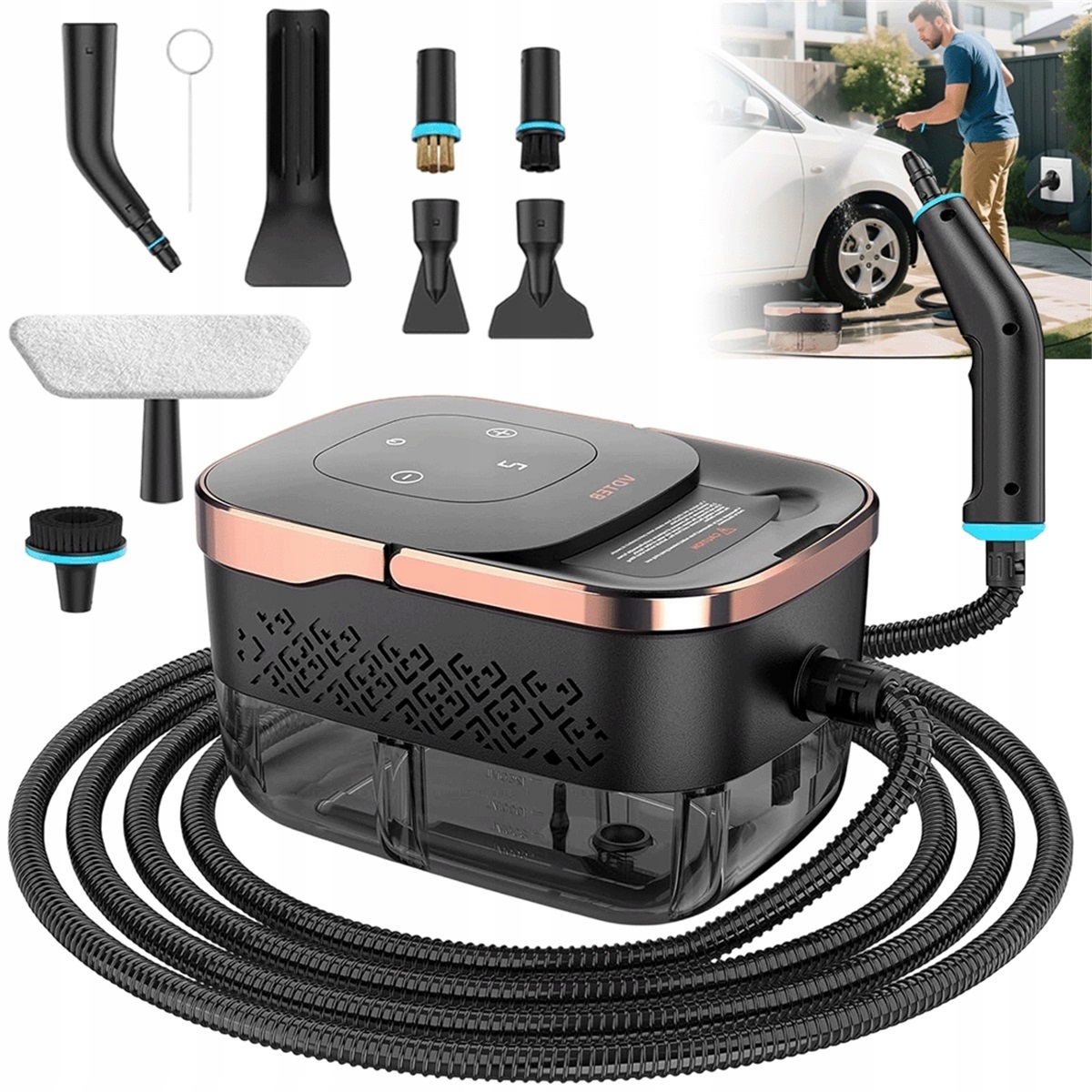1500W Parní žehlička s 9 nástavci a 6 nastaveními páry pro dům a auto, černá