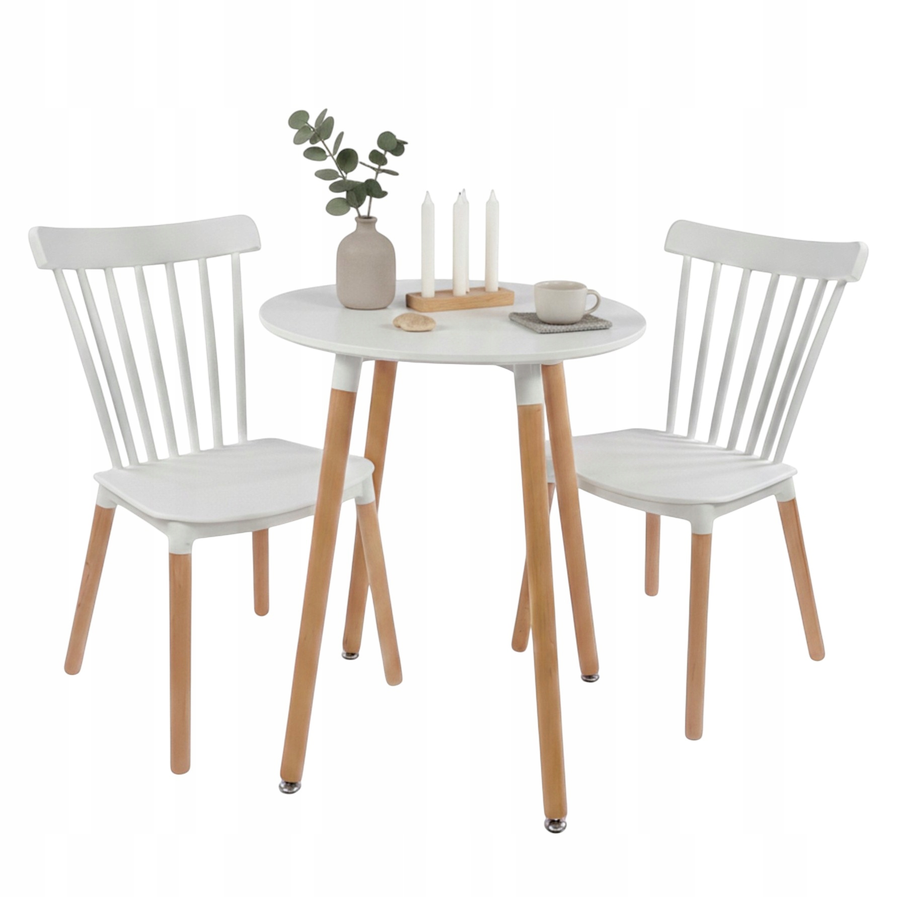 Stůl Kulatý Bílý 60 cm se 2 židlemi Skandinávská sada do kuchyně obývacího pokoje