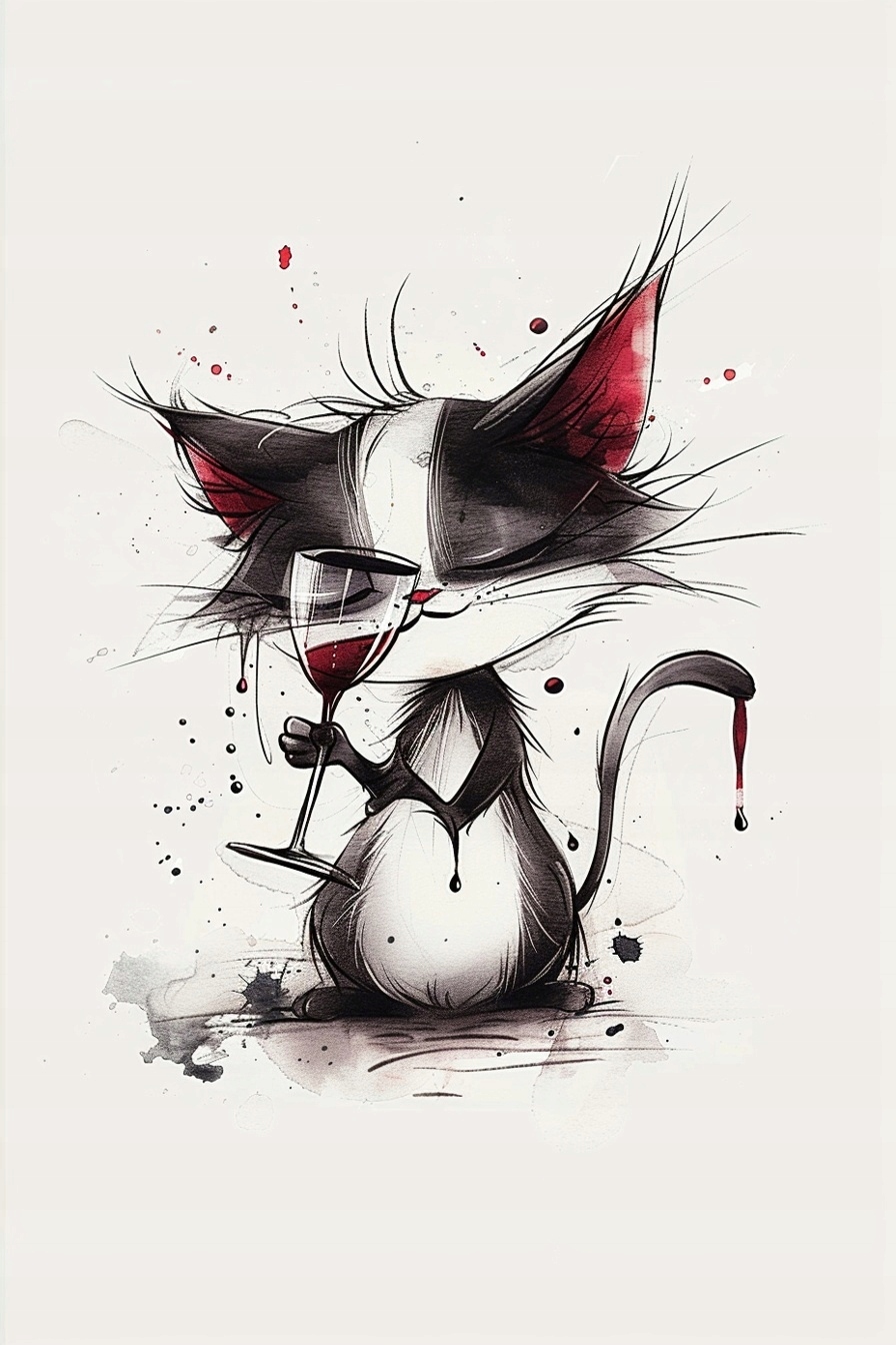 Obraz Na Plátně Canvas Grafika Kresba Kočka Kocur Víno Sklenička 80x120