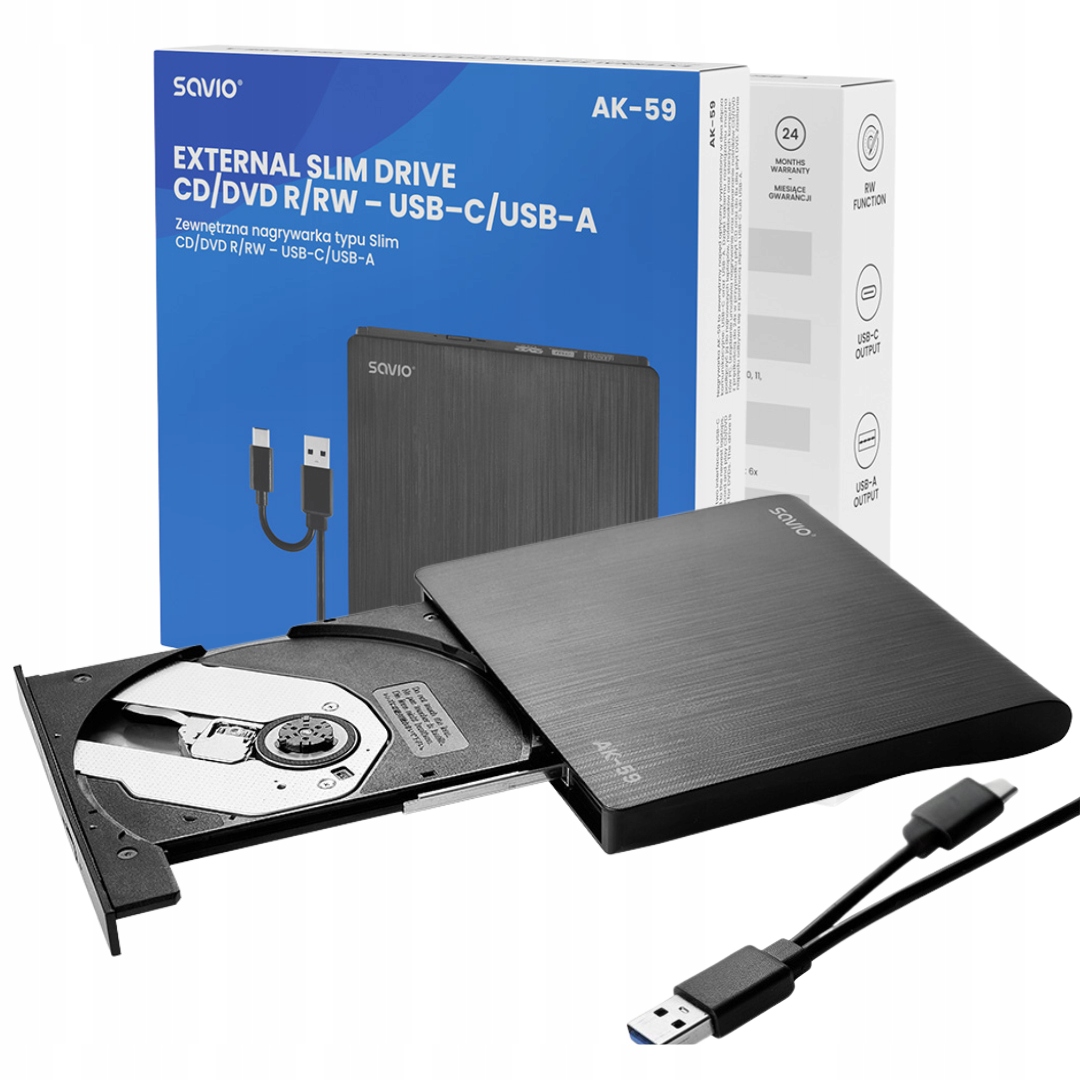 Externí CD/DVD R/rw vypalovačka Slim Usb-c/usb-a 2.0 Savio AK-59