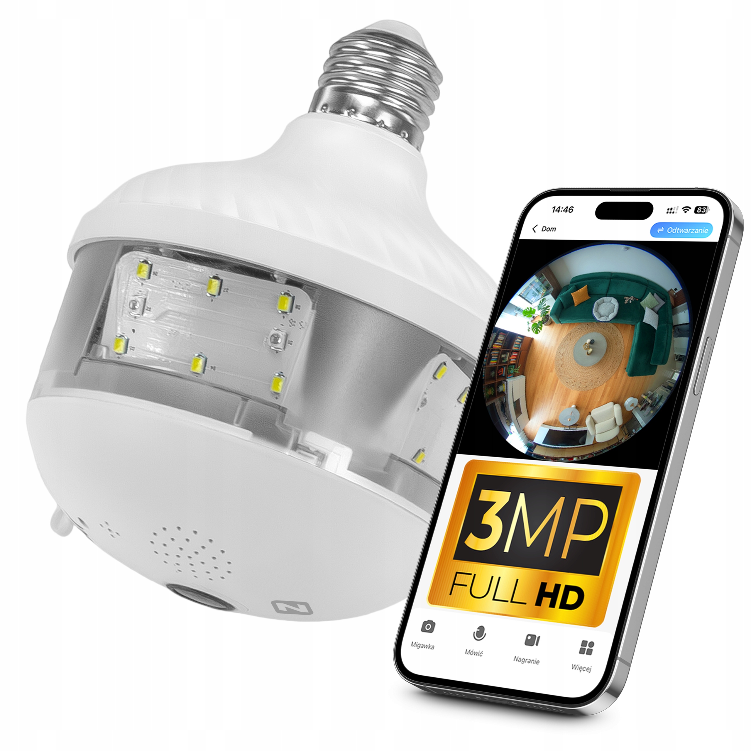 KAMERA W ŻARÓWCE 360° WIFI IP Z3 3MPx FISHEYE E27 AUDIO LAMPA