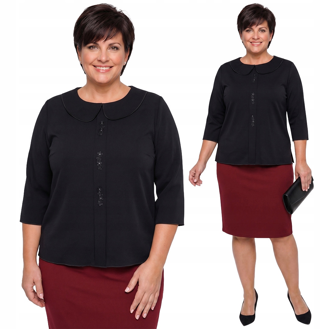 Černá halenka s ozdobným límcem a výšivkou plus size velikost 48/50