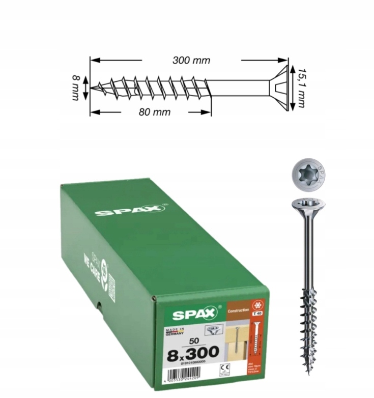 Univerzálne skrutky Wirox pre konštrukciu dreva Spax 8 x 300 mm 50 ks