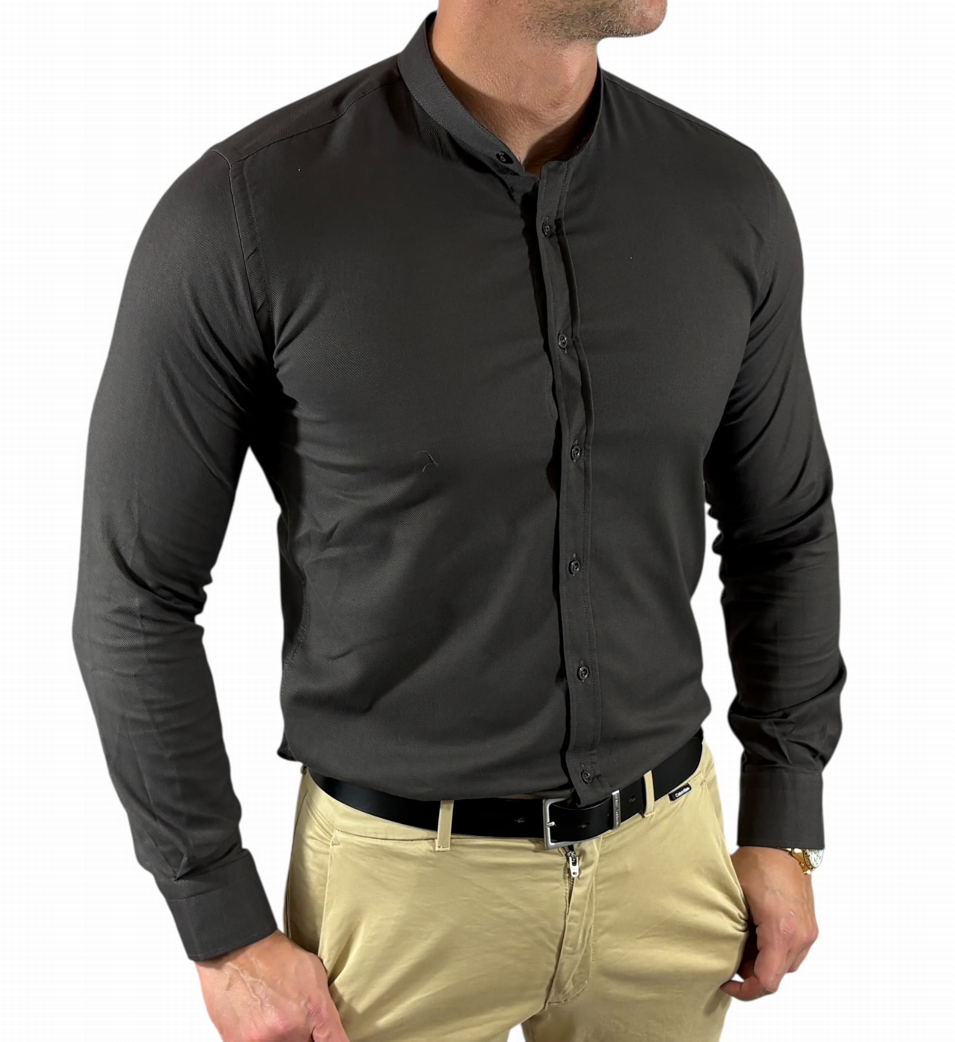 Košile slim fit se stojáčkem casual grafitová/čokoládová struktura EGO01