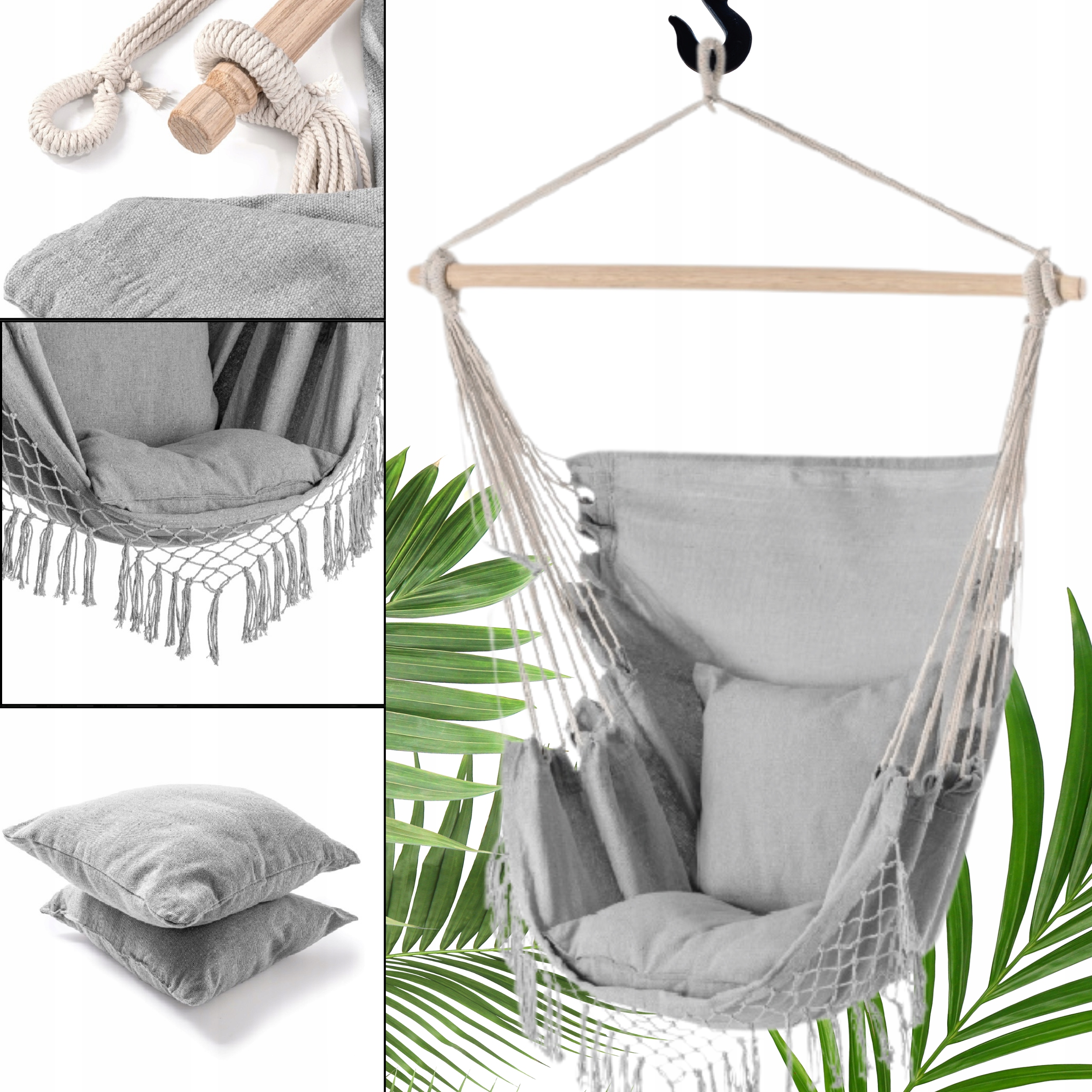Fotel Wiszący Szary Z Poduszkami Huśtawka Ogrodowa Hamak Brazylijski Pałąk