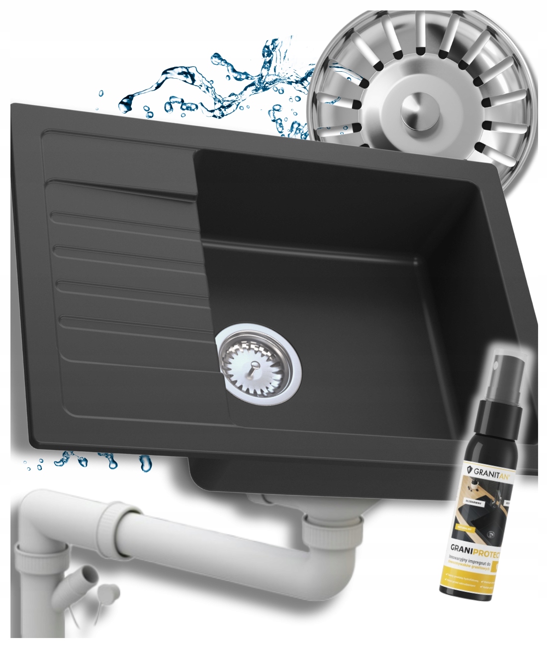 Jednokomorový granitový kuchynský drez s odkvapkávačom, sifón, umývadlo Argos