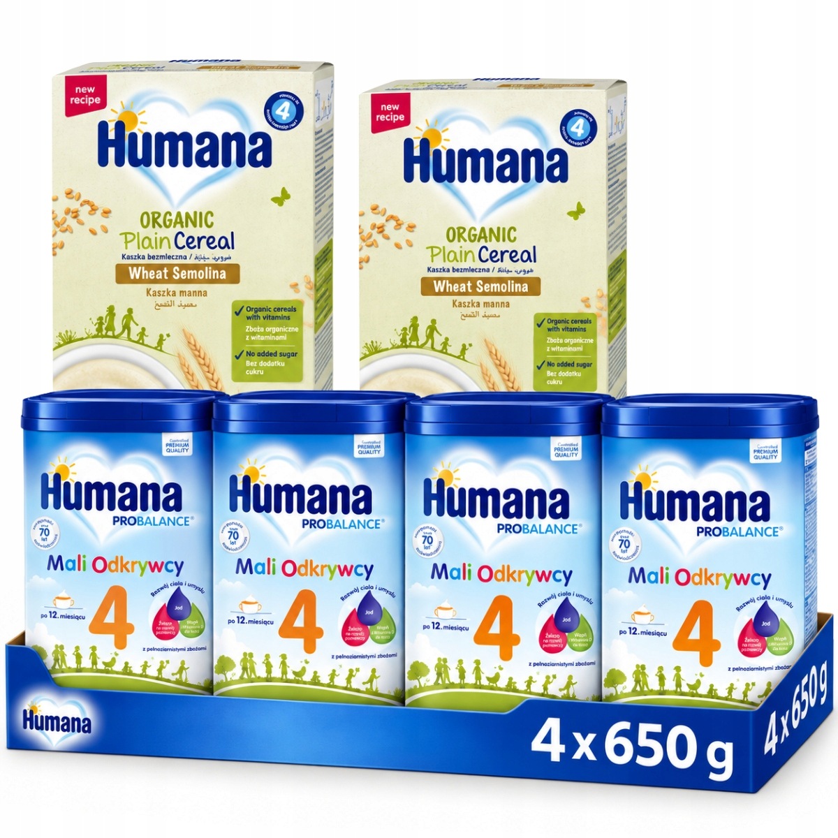 Zestaw Humana 4 Mali Odkrywcy mleko nastepne po 24 m-cu 4x650 g 2x kaszka