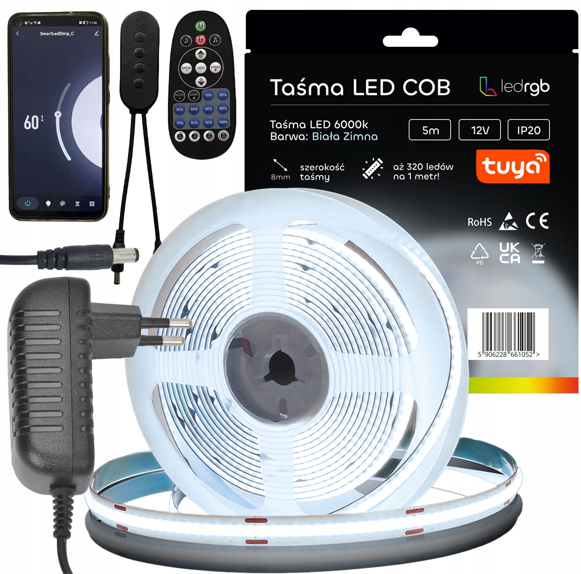Zestaw Taśma Led Neon Cob 12V 5m 6000K Biała Zimna Wifi Tuya Ściemniacz 8mm