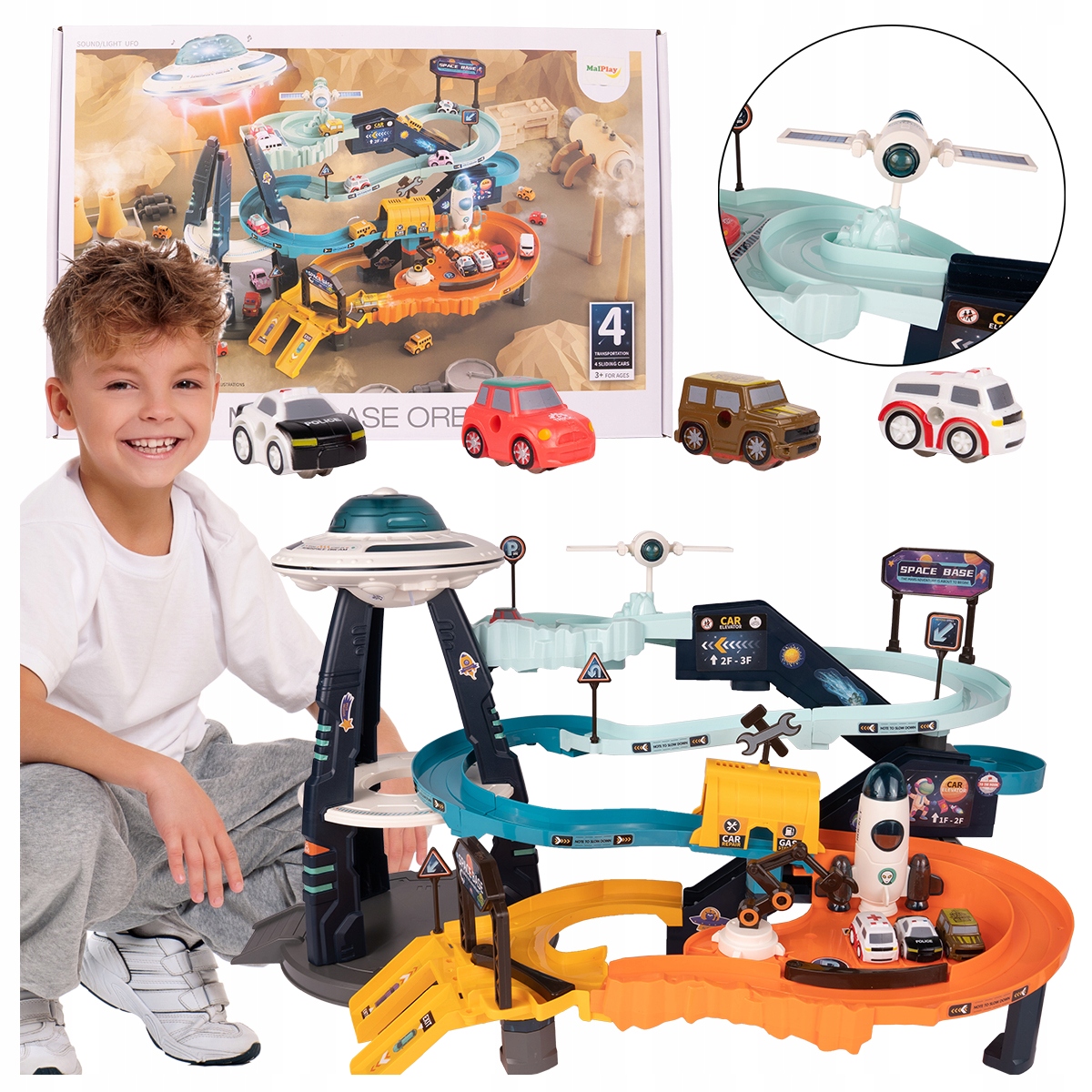 TOR SAMOCHODOWY ZJEŻDŻALNIA parking WINDA BAZA KOSMICZNA SPODEK UFO 4 AUTKA Baterie 3 x AA