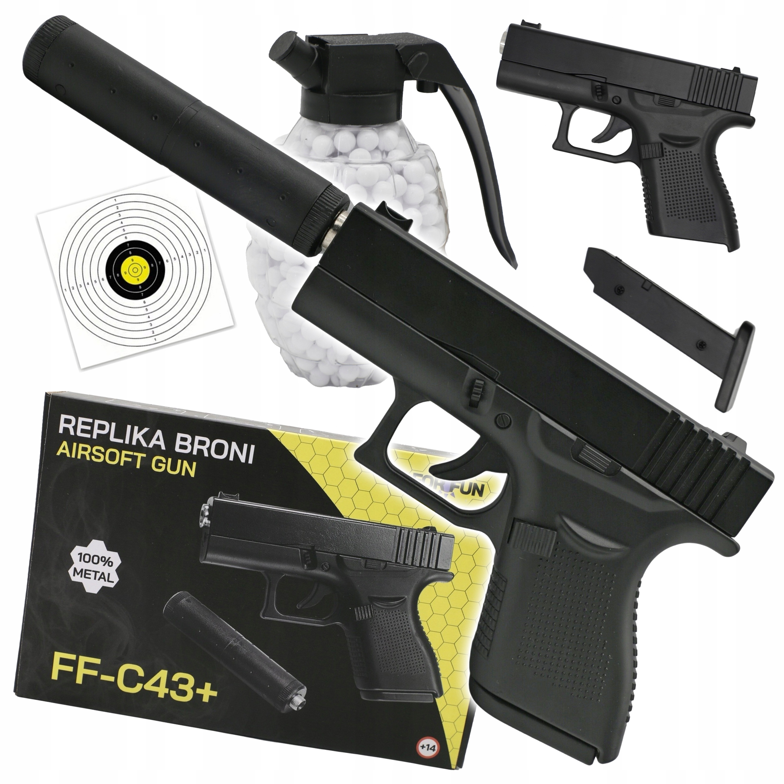 PISTOLET NA KULKI PLASTIKOWE METALOWY Z TŁUMIKIEM ASG 6mm + GRATIS KULKI