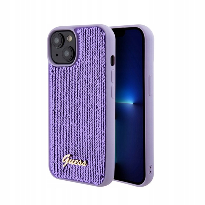 Etui Guess Sequin Script Metal na iPhone 15 fioletowe Guess