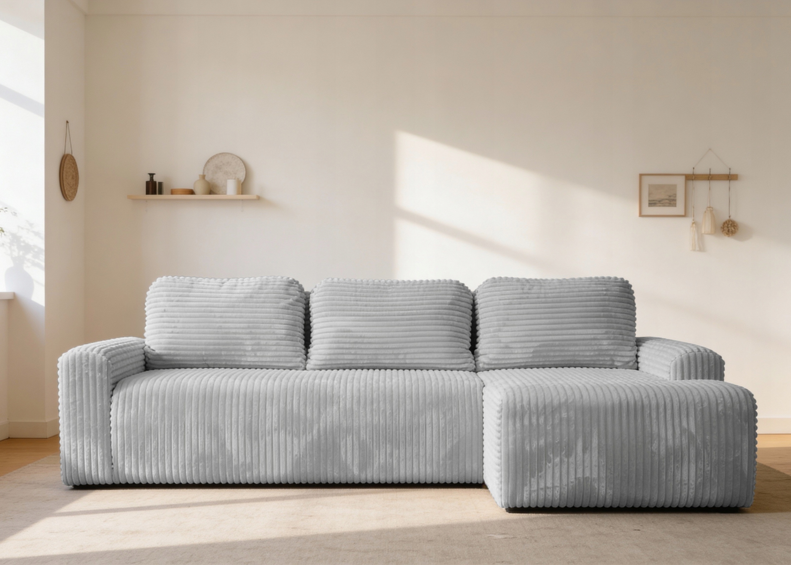 Rohová Sedací Souprava s funkcí spaní Nesso pravá s úložným prostorem na povlečení, světle šedá