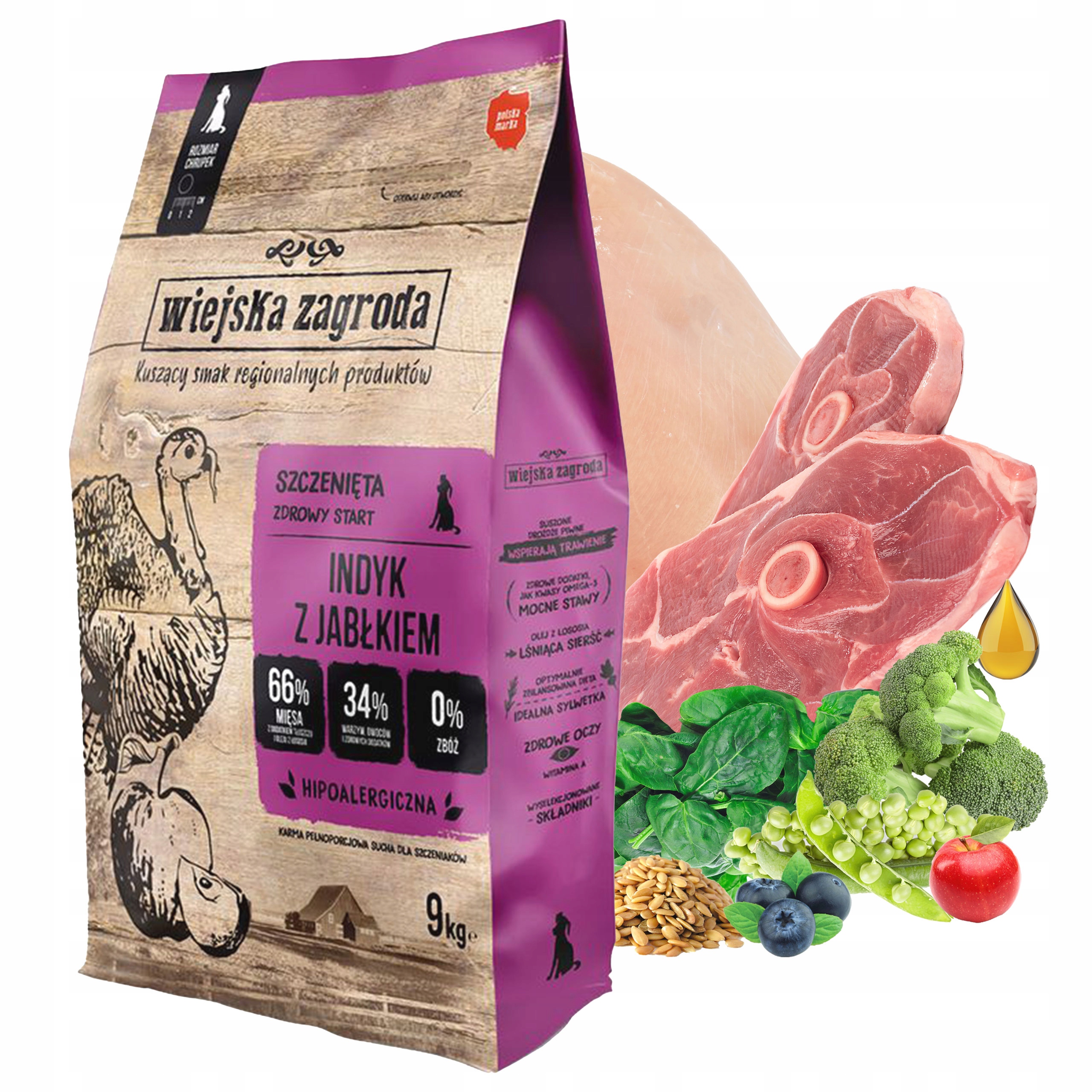 Levně Wiejska Zagroda Krůtí a jablkové krmivo pro psy 9kg