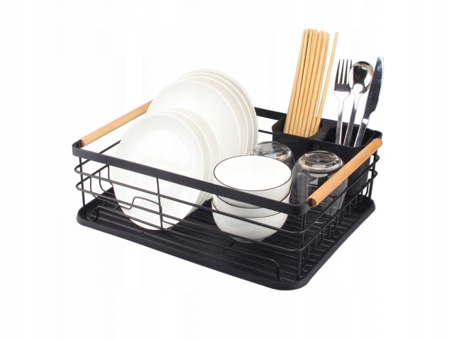 Odkapávač Na Nádobí Stojanový Odkapávač Černý Velké Dřevěné Rukojeti Kovová