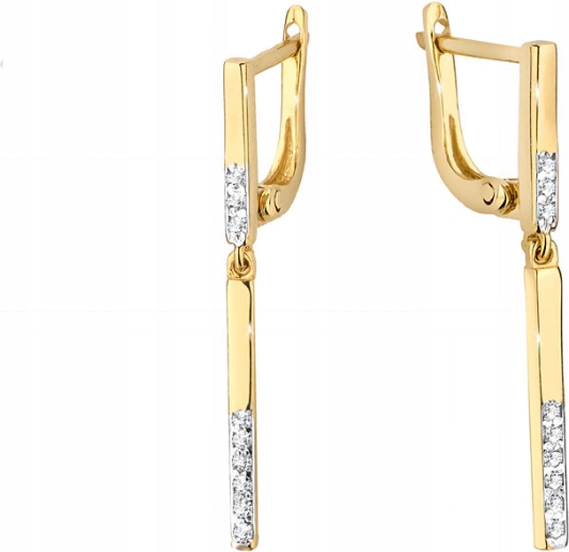 Zlaté náušnice 585 závěsné čárky s bílými diamanty jako dárek 14kt