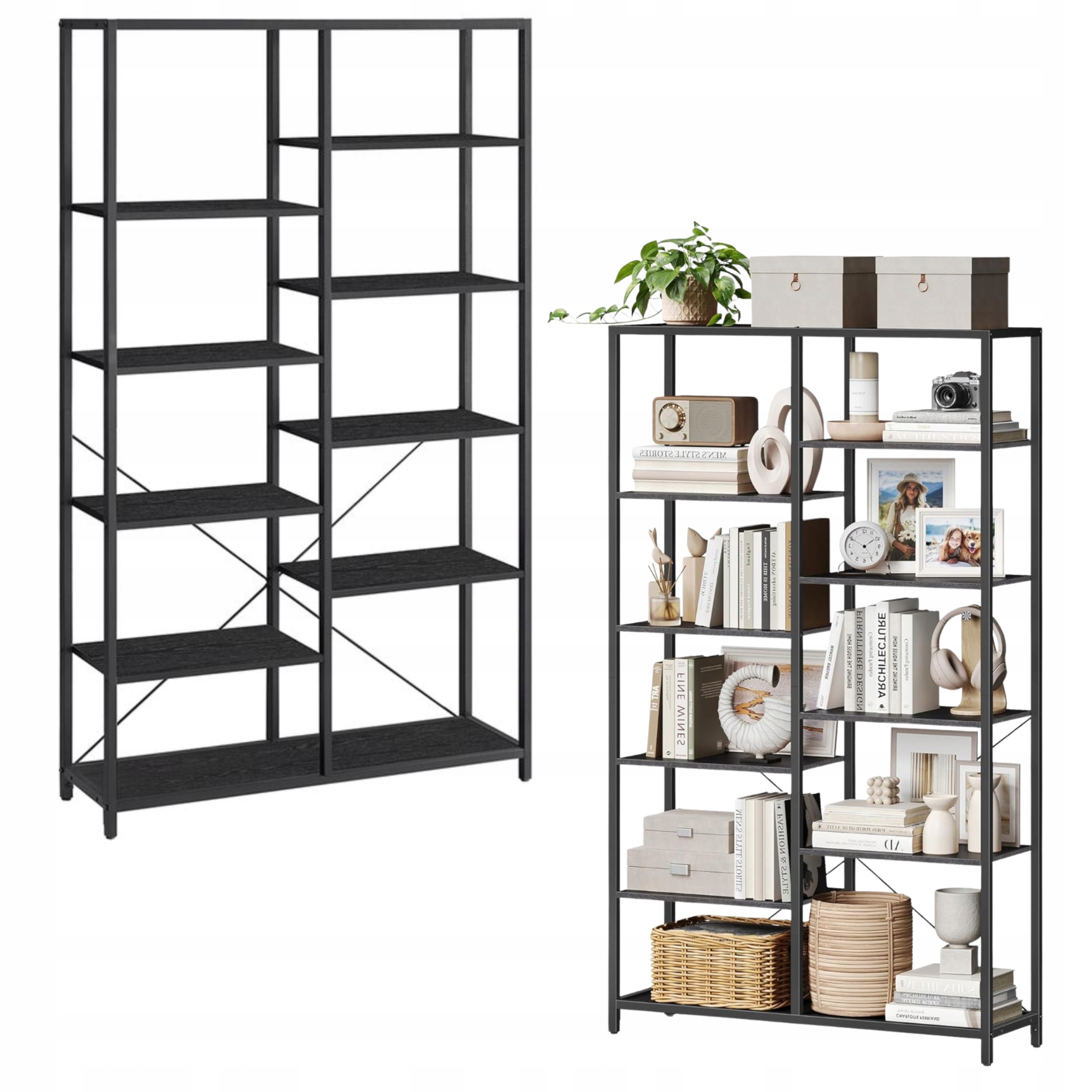 Regál na knihy 10 políc čierny industriálny Loft do obývačky, kancelárie, hračky