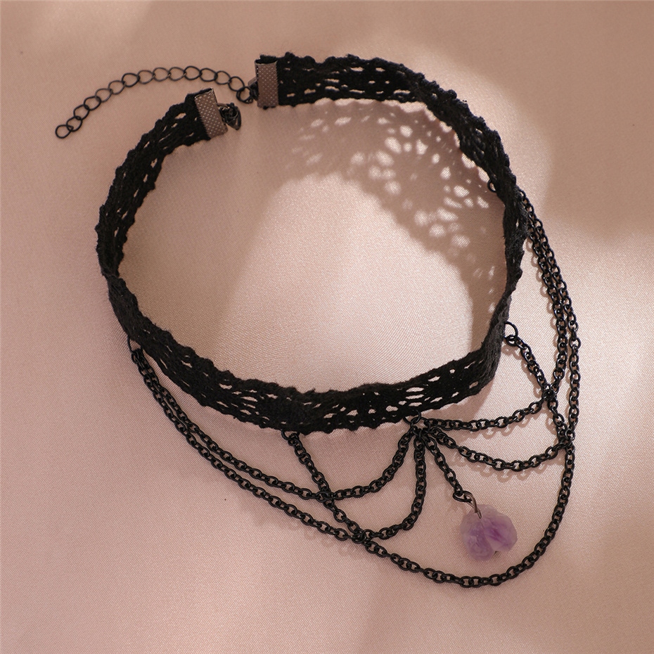 Goth Black Lace Purple Stone Pendant Choker Necklace for Women