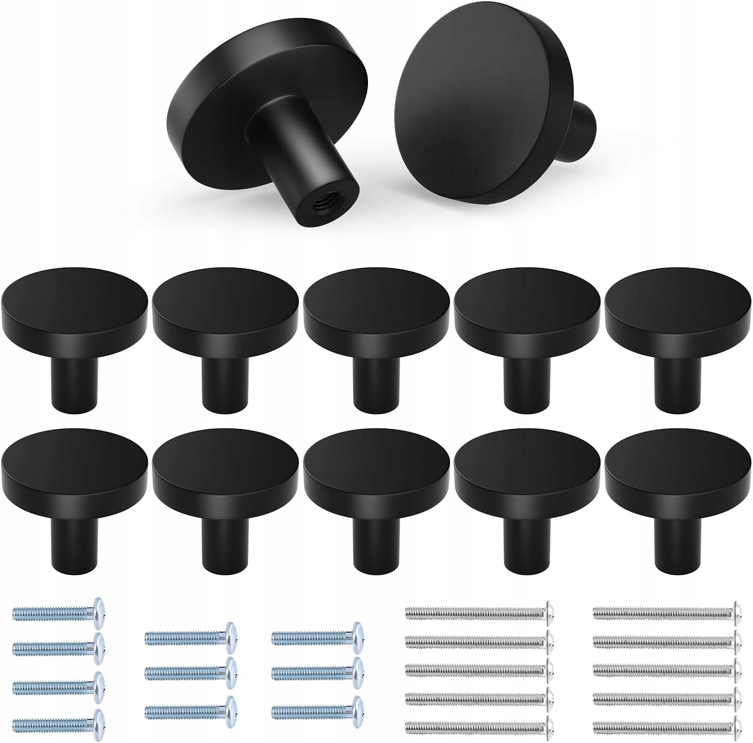 Černé matné nábytkové knoflíky kulaté 30 mm 10 ks pro skříňky Zásuvky šrouby