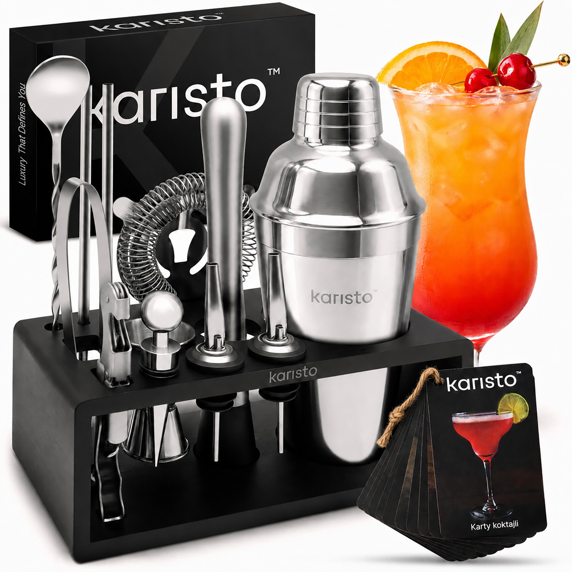 Barmanský set Karisto Shaker a příslušenství s bambusovým stojanem