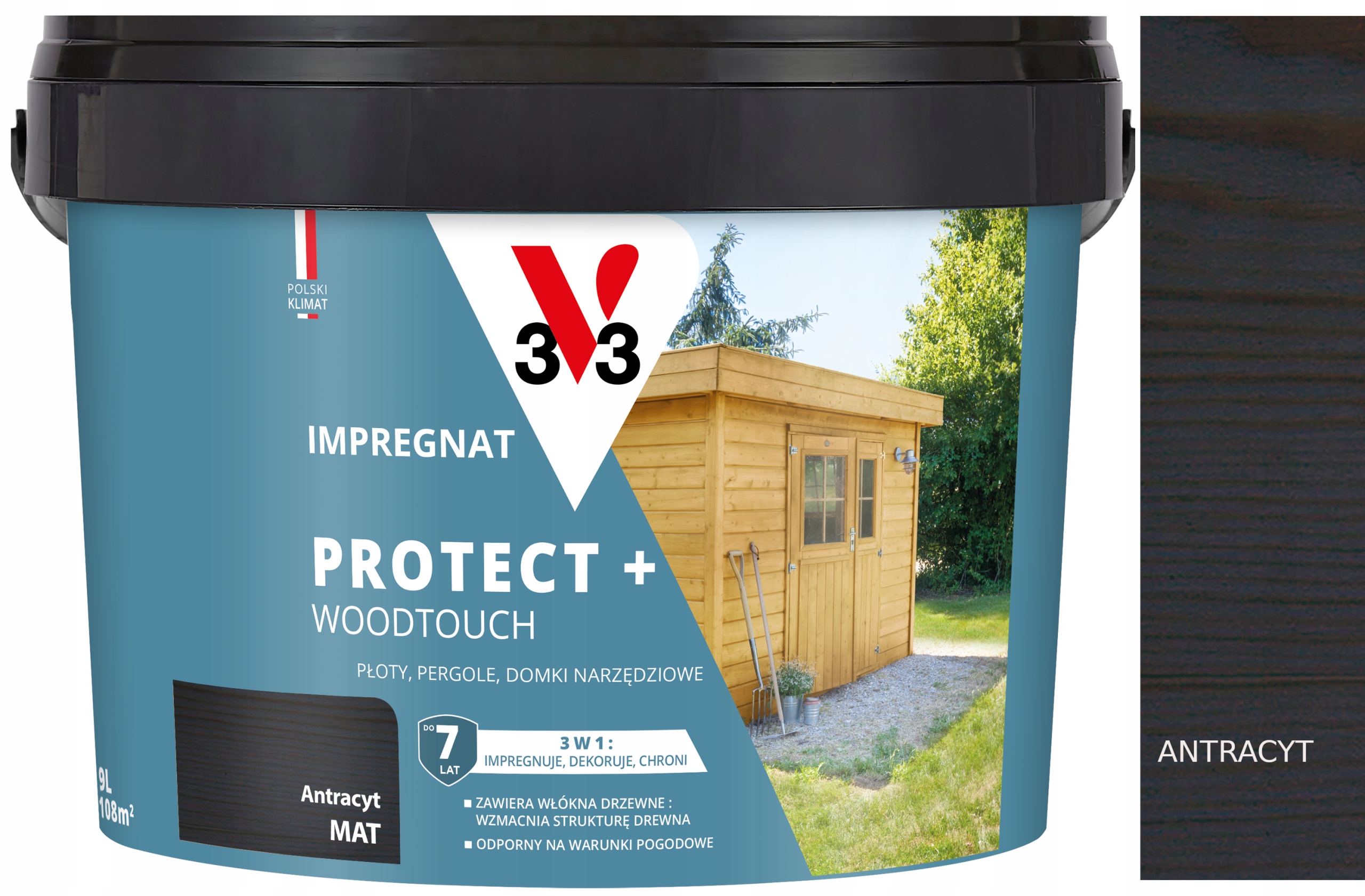 V33 Impregnat Protect+ 3w1 impregnuje, dekoruje, chroni Antracyt mat 9l