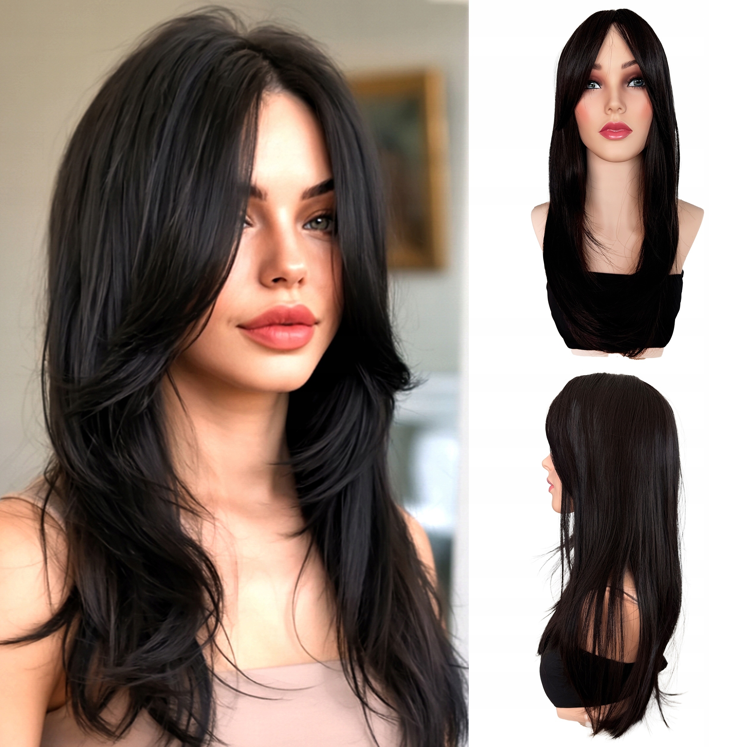 Peruka z Włosów Syntetycznych Ciemny Brąz Długa Prosta Grzywka Na Boki 60cm