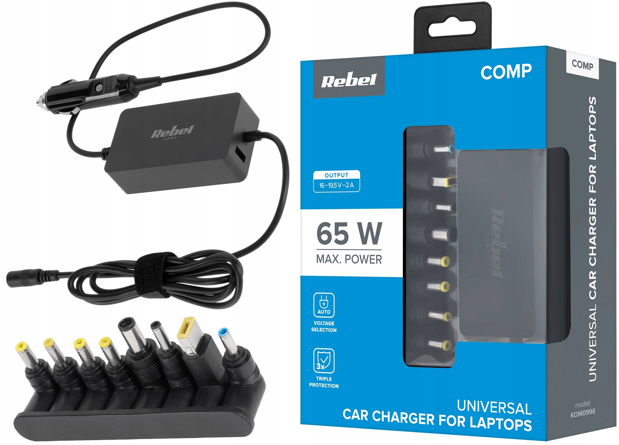 ZASILACZ SAMOCHODOWY DO LAPTOPA 12/24V 65W USB 2A