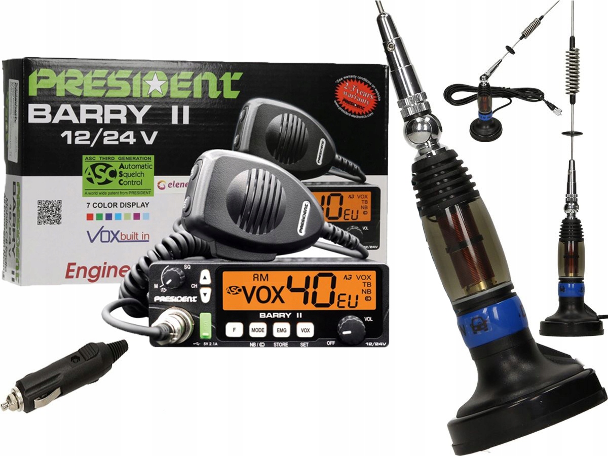 ZESTAW CB RADIO PRESIDENT BARRY ANTENA LAMANA A3K
