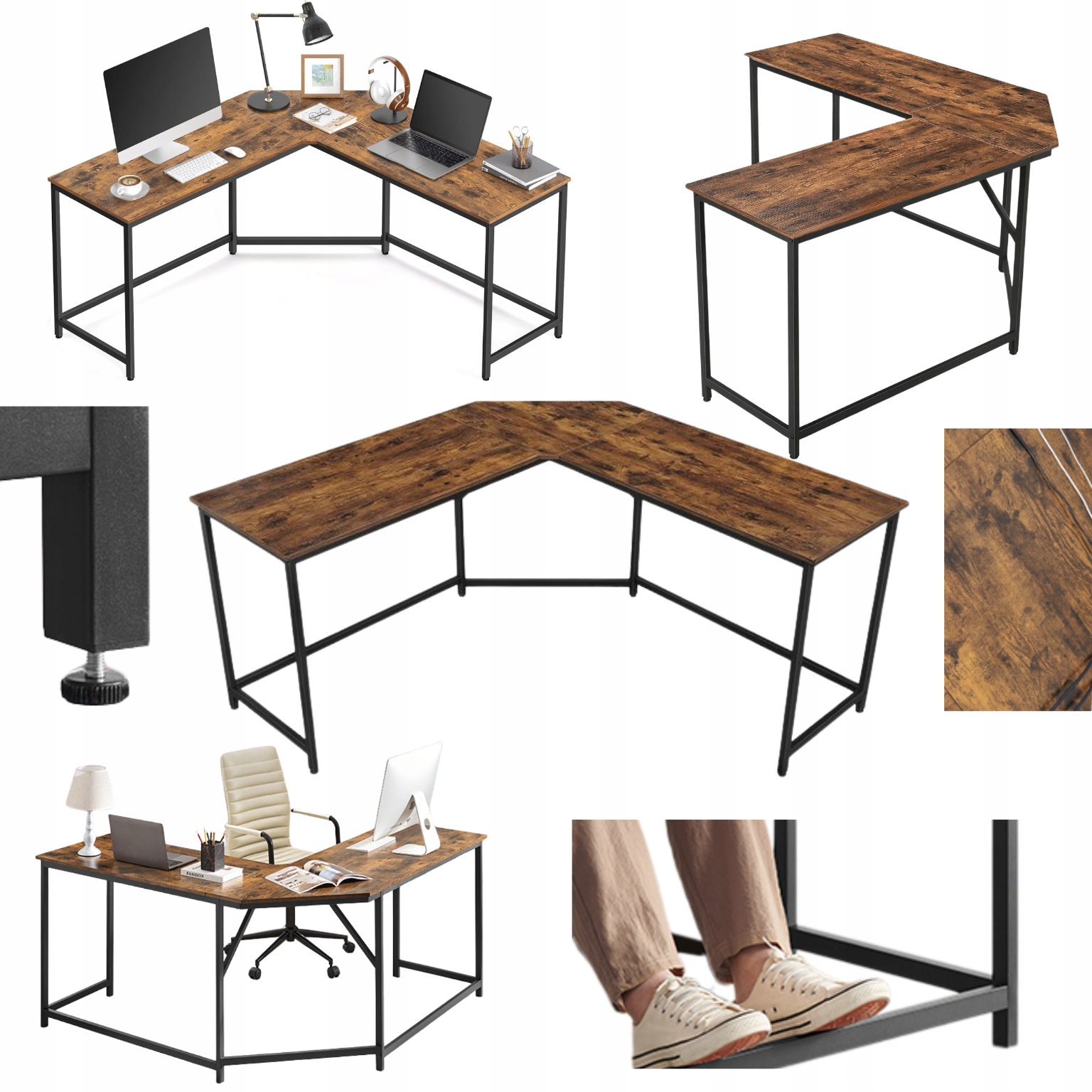 Rohový herný stôl Počítačový stôl Regulovateľný Rustikálny Bronz Loft