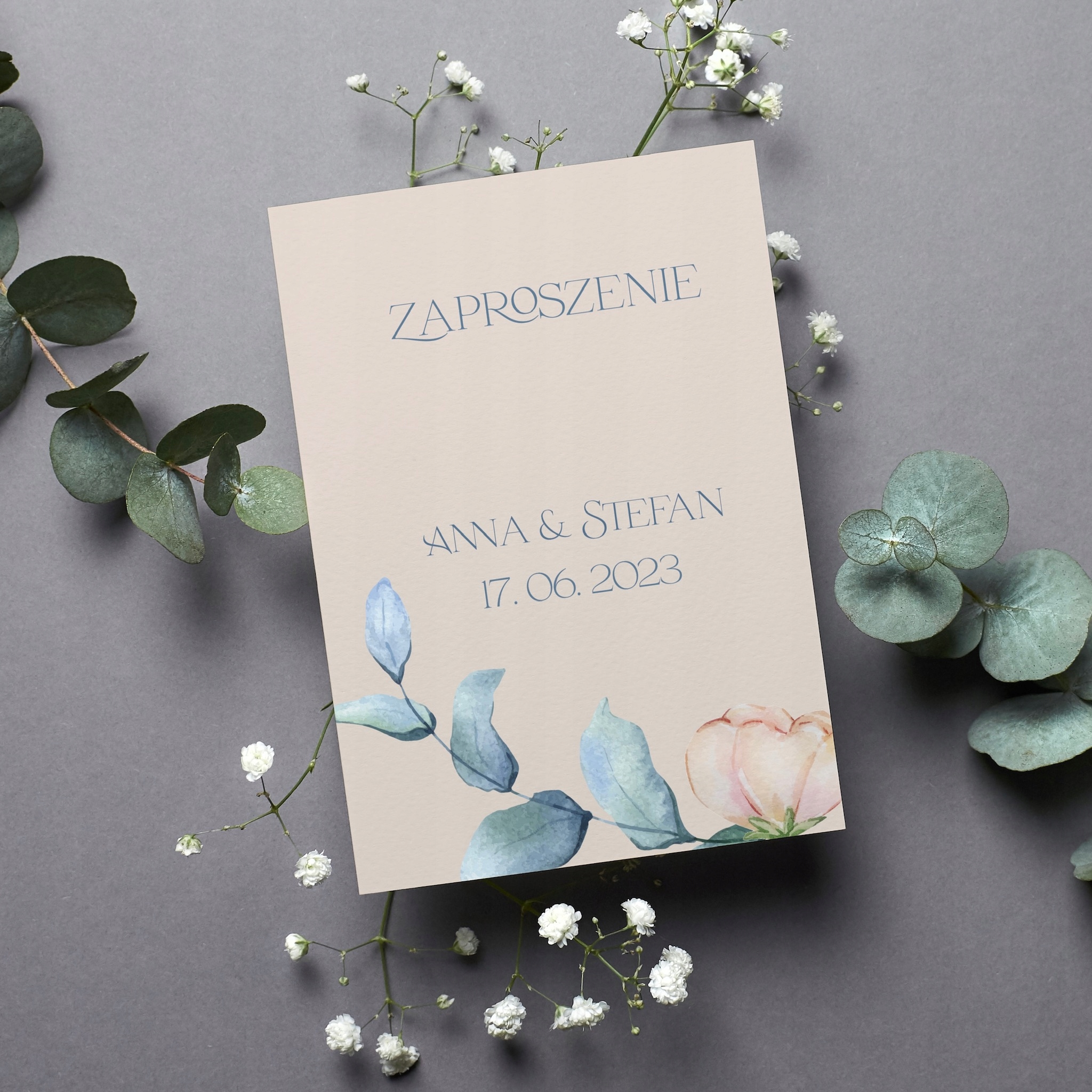 Zaproszenia jednokartkowe 15x10cm 30 szt Beżowe-kwiaty eustoma eukaliptus