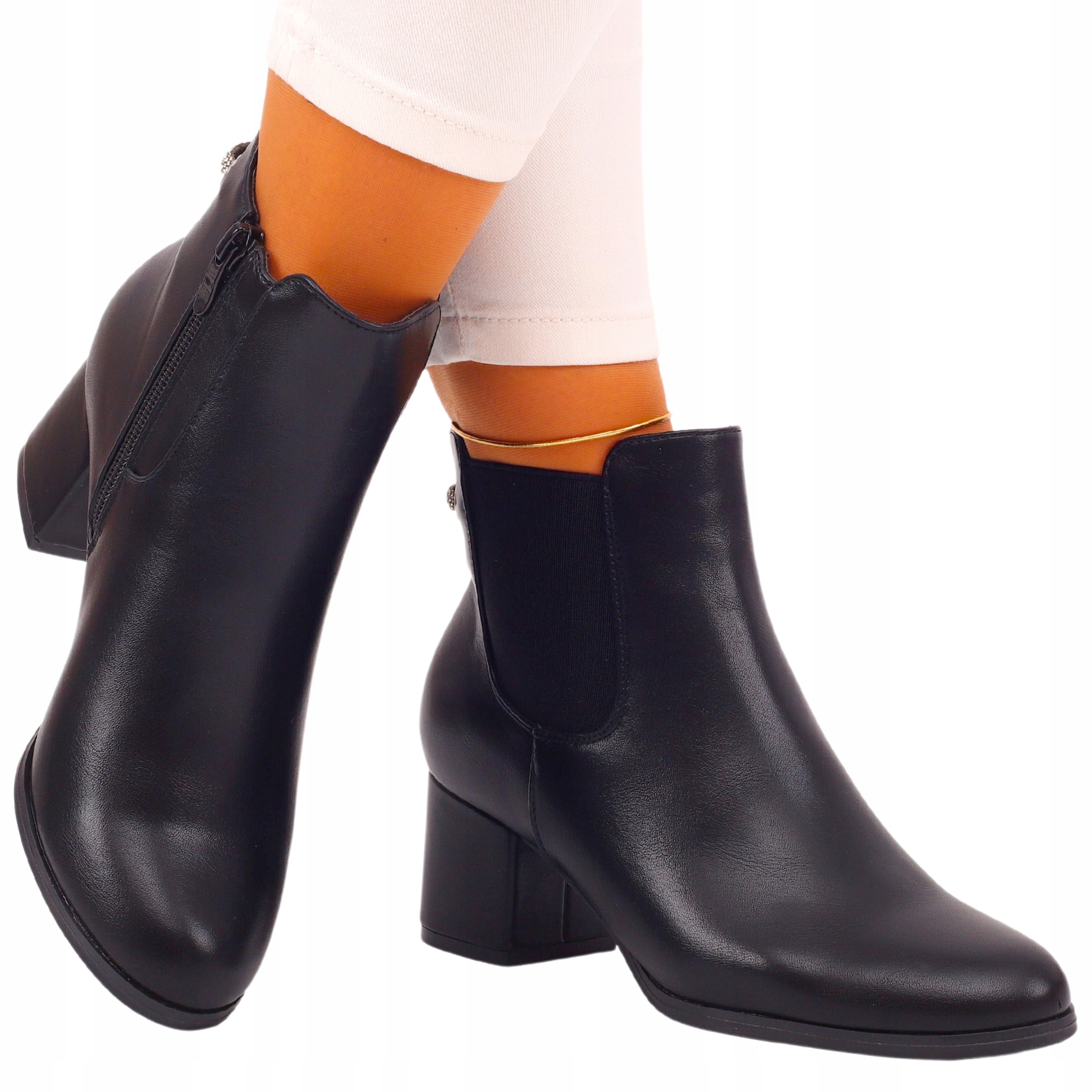 CZARNE BOTKI DAMSKIE NA OBCASIE SZTYBLETY SKÓRA Marka bez marki