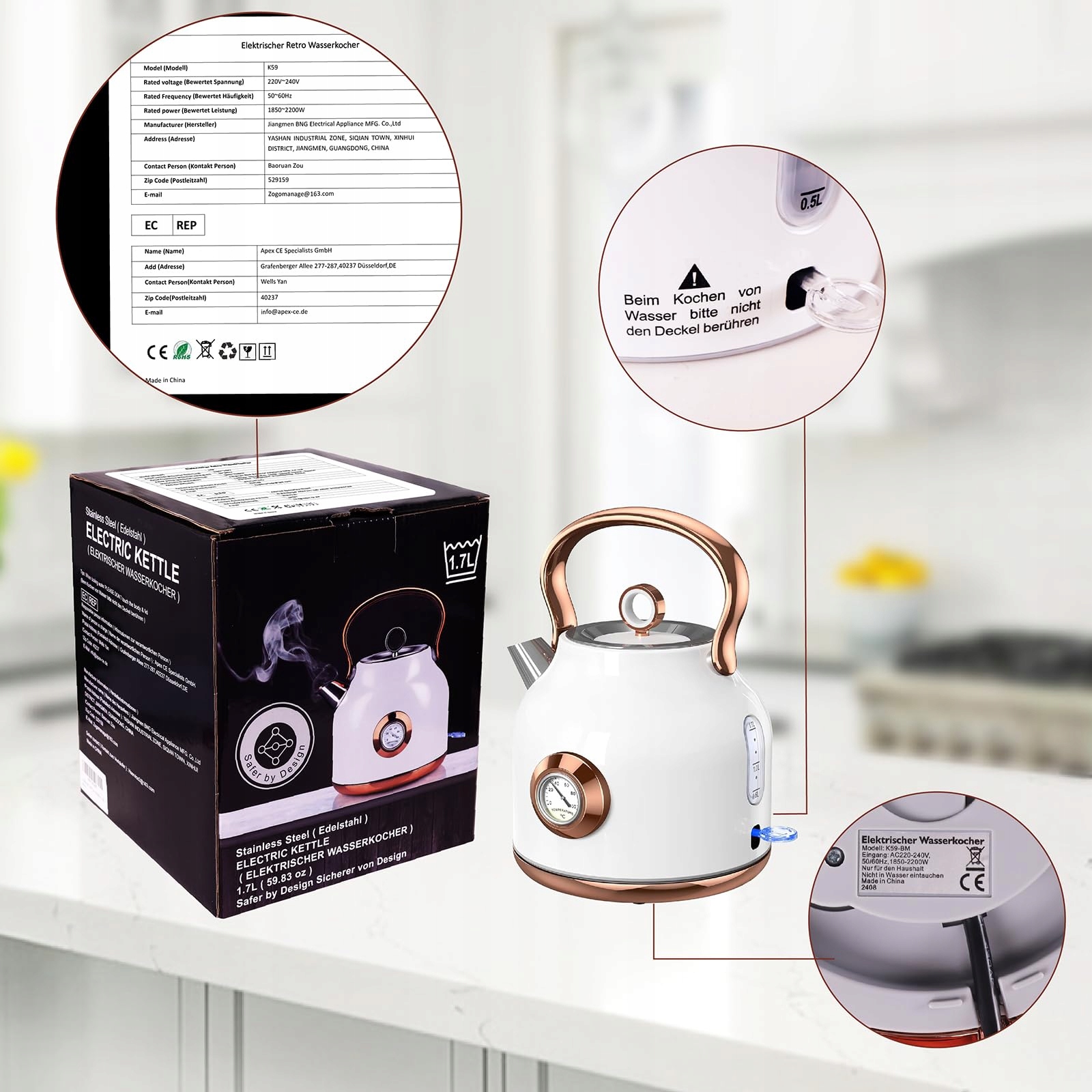 NESSGRAIM Retro Czajnik Elektryczny 1,7L Stalowy 2200W LED Auto Off — miniatura 7