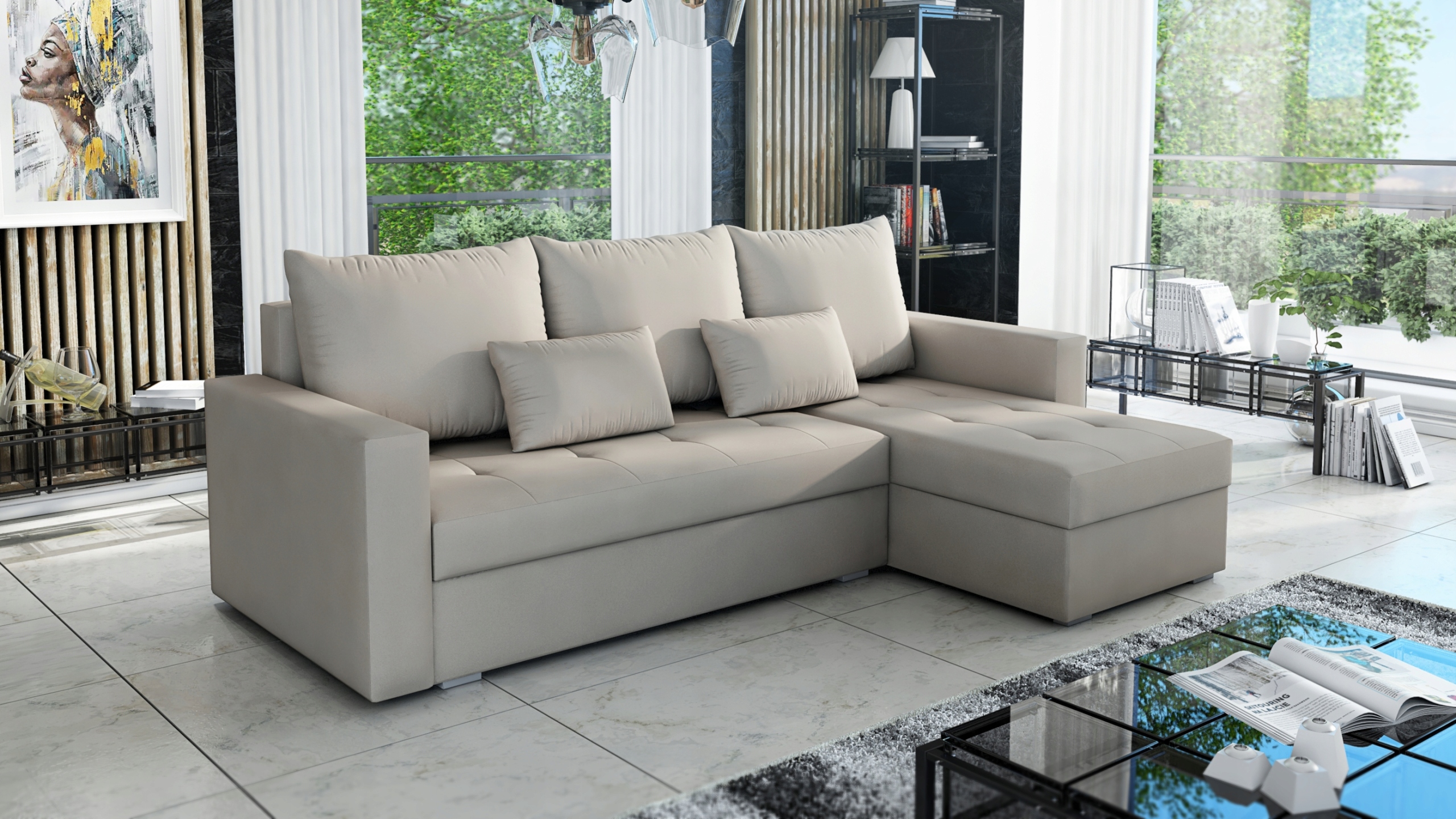 Rozkładany narożnik Focus pikowany z pojemnikiem